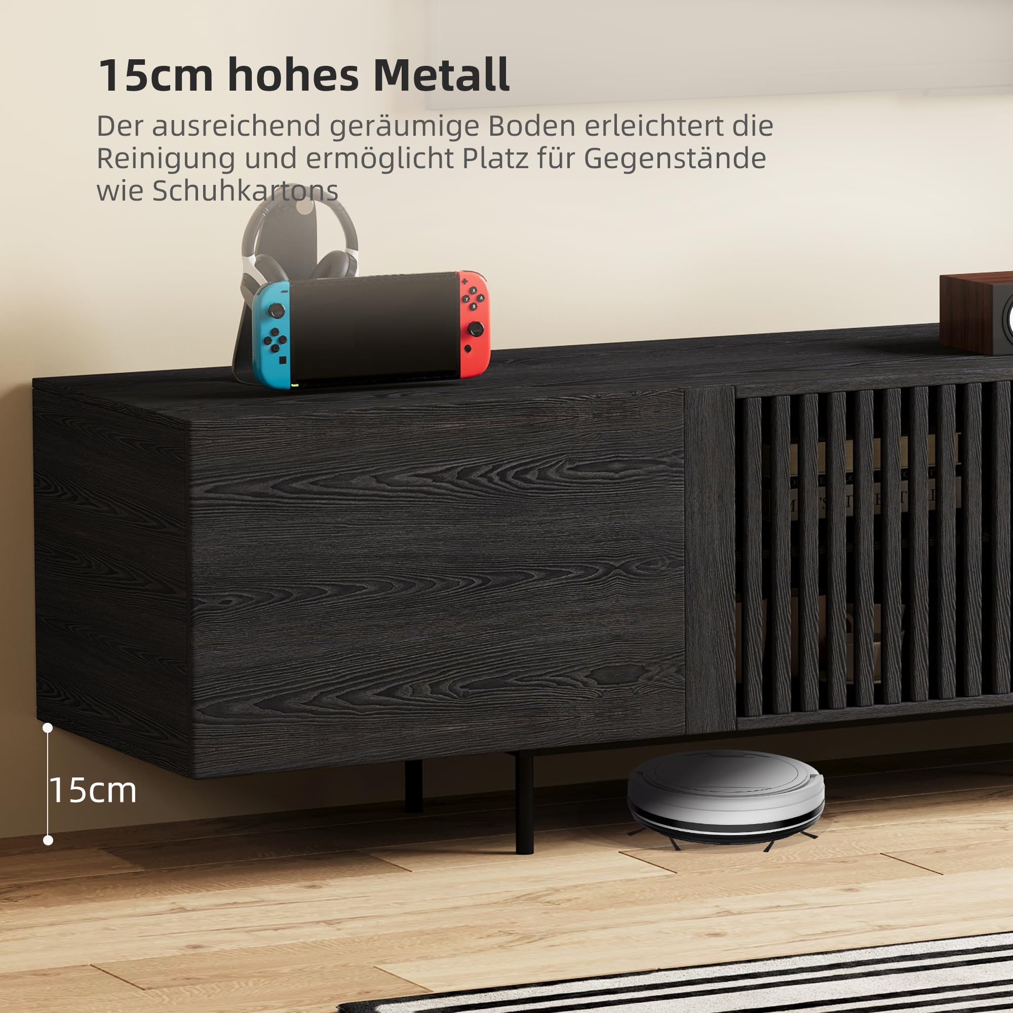 KAANAA TV Schrank 240 cm, Lowboard mit Lamellentüren, Schwarz | 240 cm TV Lowboard, Lamellentüren, großer Stauraum, Holzoptik, für Fernseher bis 75 Zoll, modernes Wohnzimmer Design