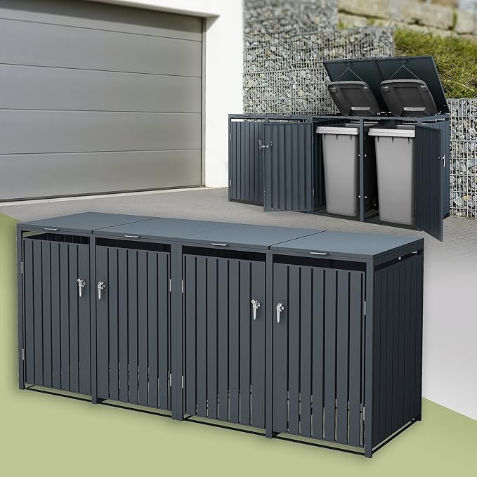 MEISTERBOX Mülltonnenbox Für 4 Tonnen - Stylische Verkleidung Mit Klappdach, 240L, Anthrazit/Signalgrau