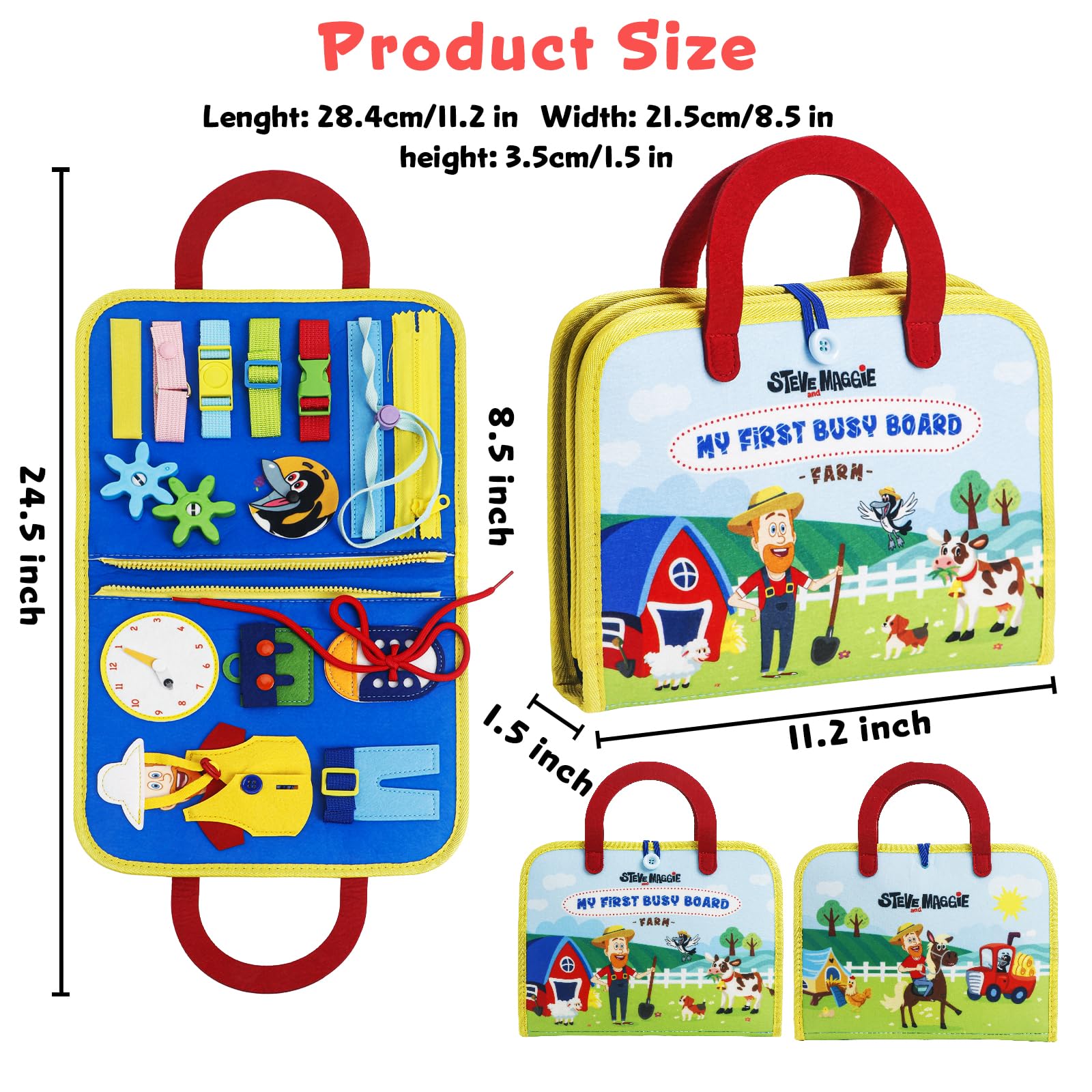 STEVE and MAGGIE Montessori Busy Board & Book - Giocattolo sensoriale da viaggio per bambini | Attività educative per imparare le abilità motorie | Regalo di compleanno unisex