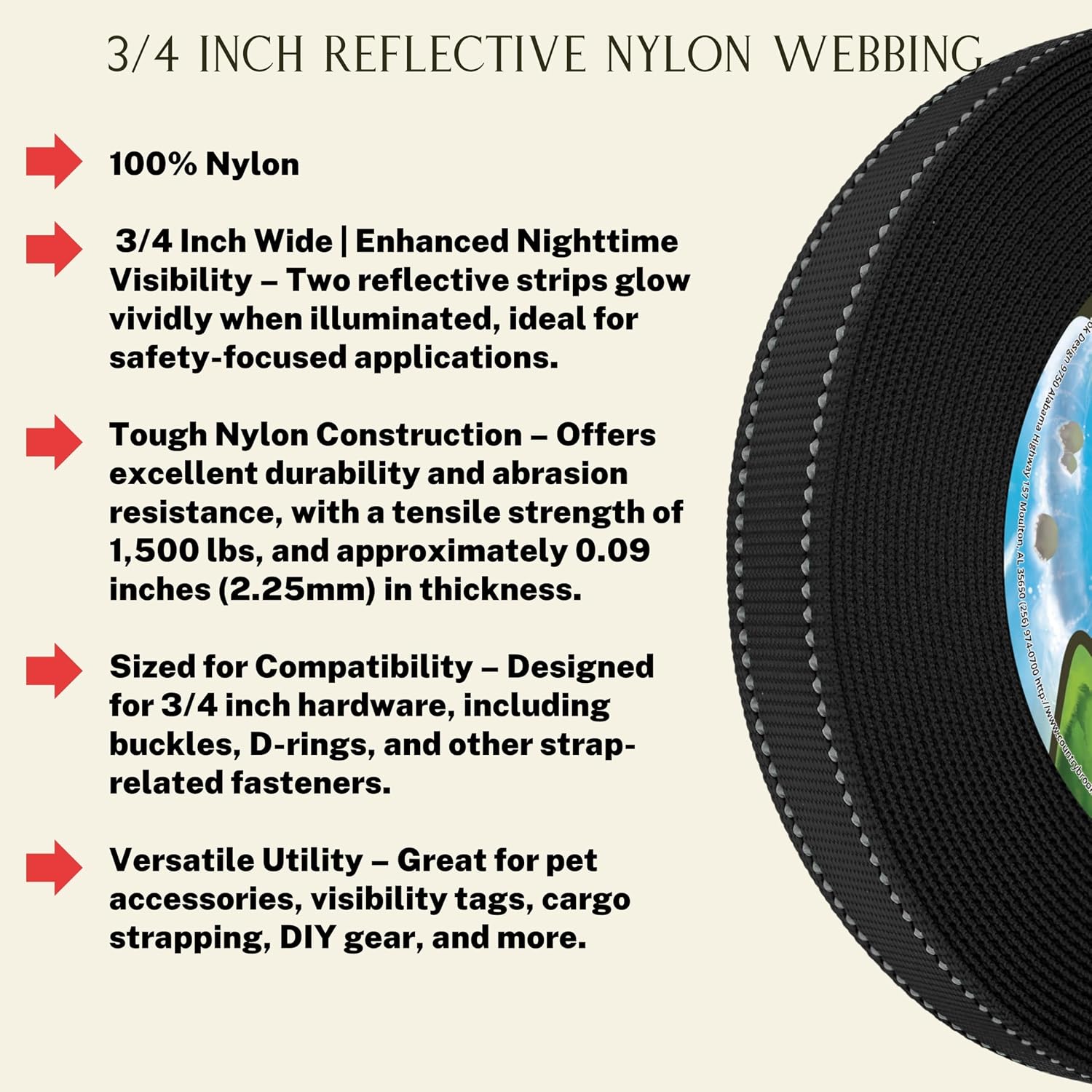 Country Brook Design - Reflective Nylon Webbing (3/4 Inch)