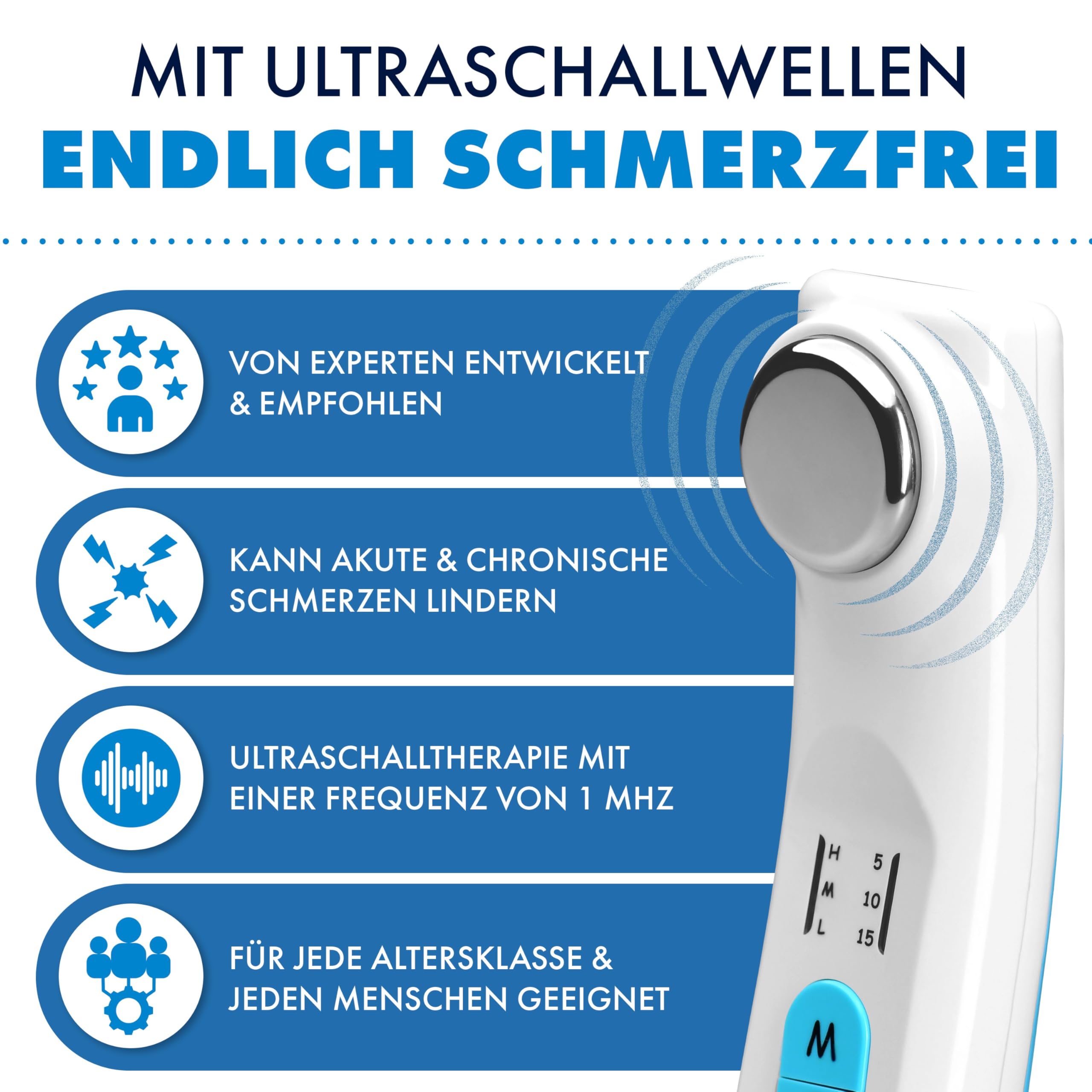 Dispositivo per la terapia del dolore ad ultrasuoni, dispositivo medico certificato, efficace per dolori muscolari, artrosi, stiramenti e tensioni, gel ultrasonico da 150 ml, 3 livelli di