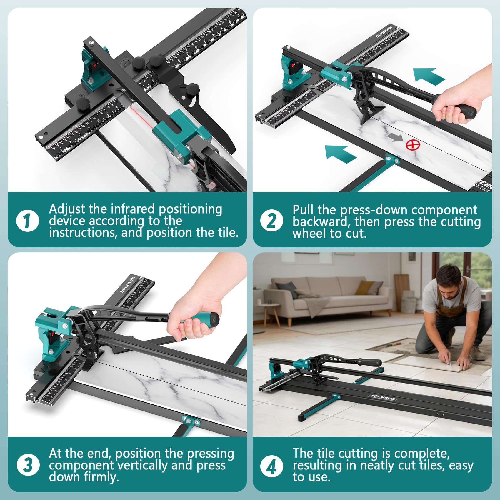 Seeutek - Cortador de azulejos manual de 122 cm, porcelana y cerámica con rueda de carburo de tungsteno, posicionamiento infrarrojo y soportes ajustables, apto para profesionales