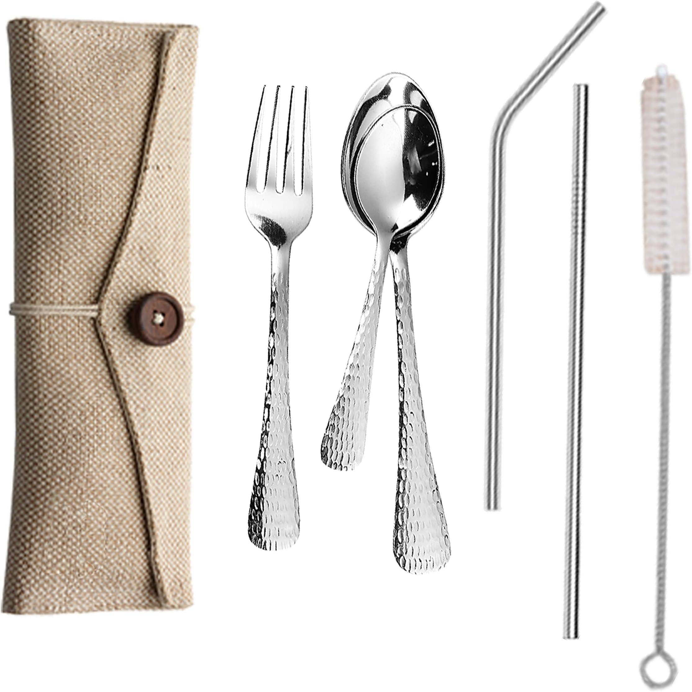 AXIOM Travel Cutlery Set Stainless Steel with Portable & Reusable case. Spoons Fork & Straw (5 Pieces & 1 Pouch) Premium Set