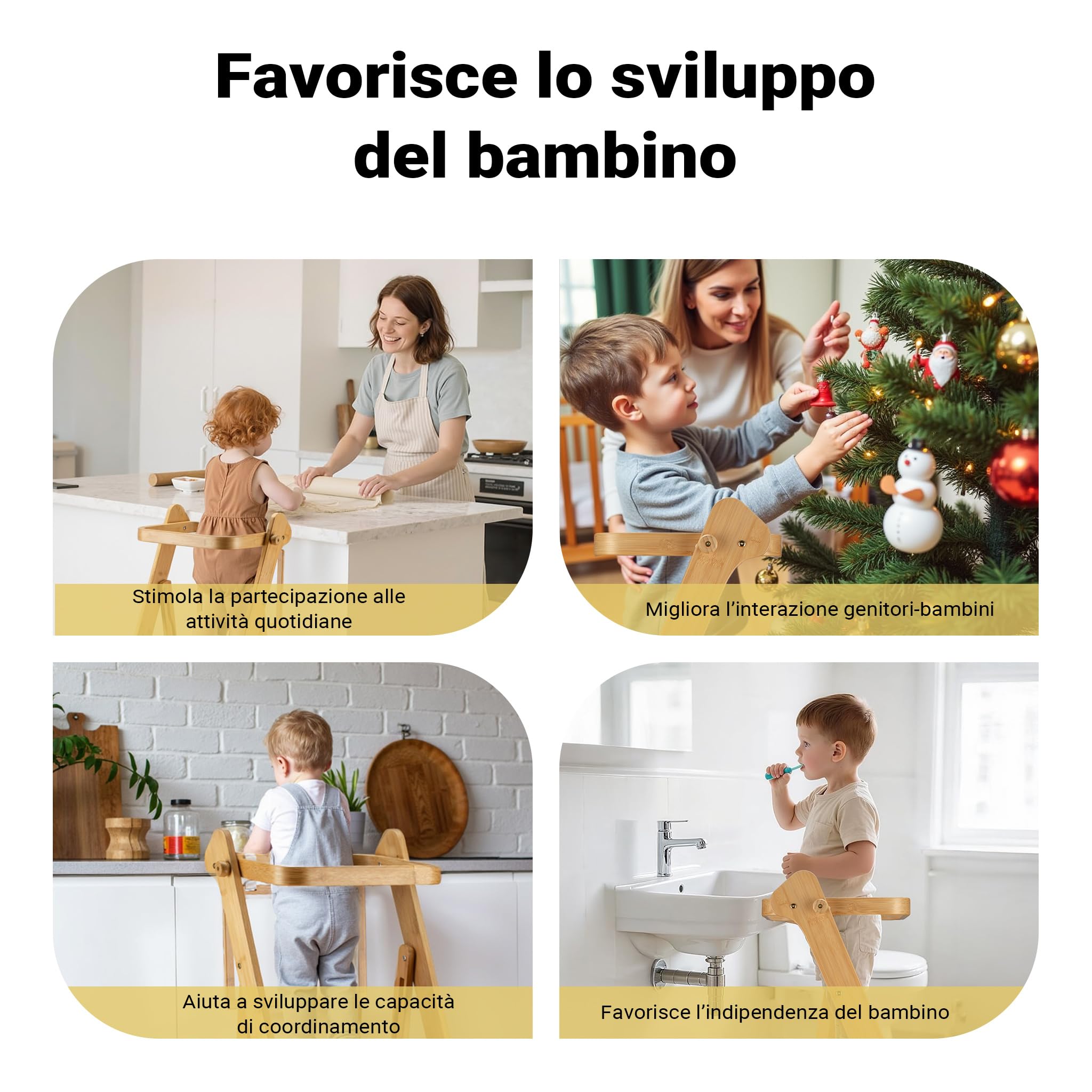 Wiltec Torre di apprendimento pieghevole per bambini 43 x 48 x 91 cm in bambù, torre montessoriana regolabile in altezza per bambini, sgabello per bambini con barra di protezione