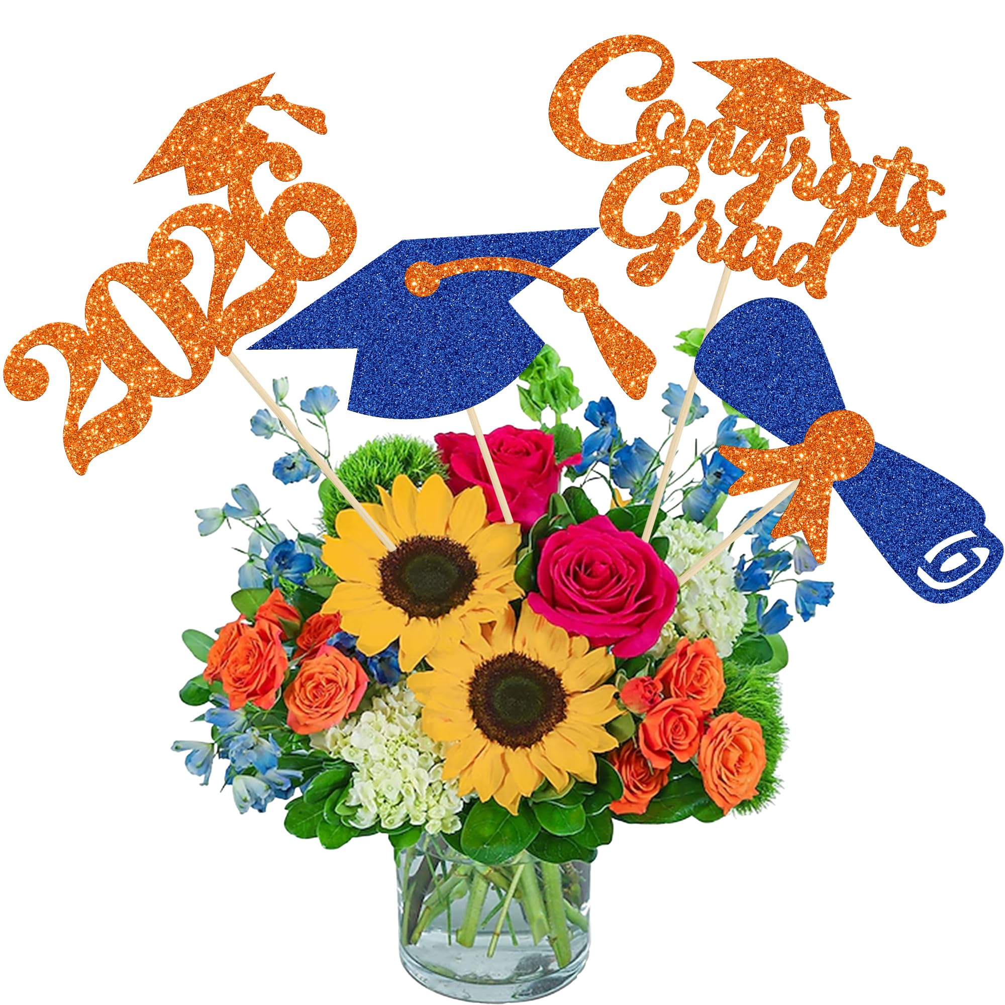 Gyufise 12Pcs 2026 Graduation Centerpiece Sticks Class of 2026 Congrats Grad Diploma Graduation Cap Table Flower Centerpiece Sticks for 2026 Theme Party Supplies Orange Blue