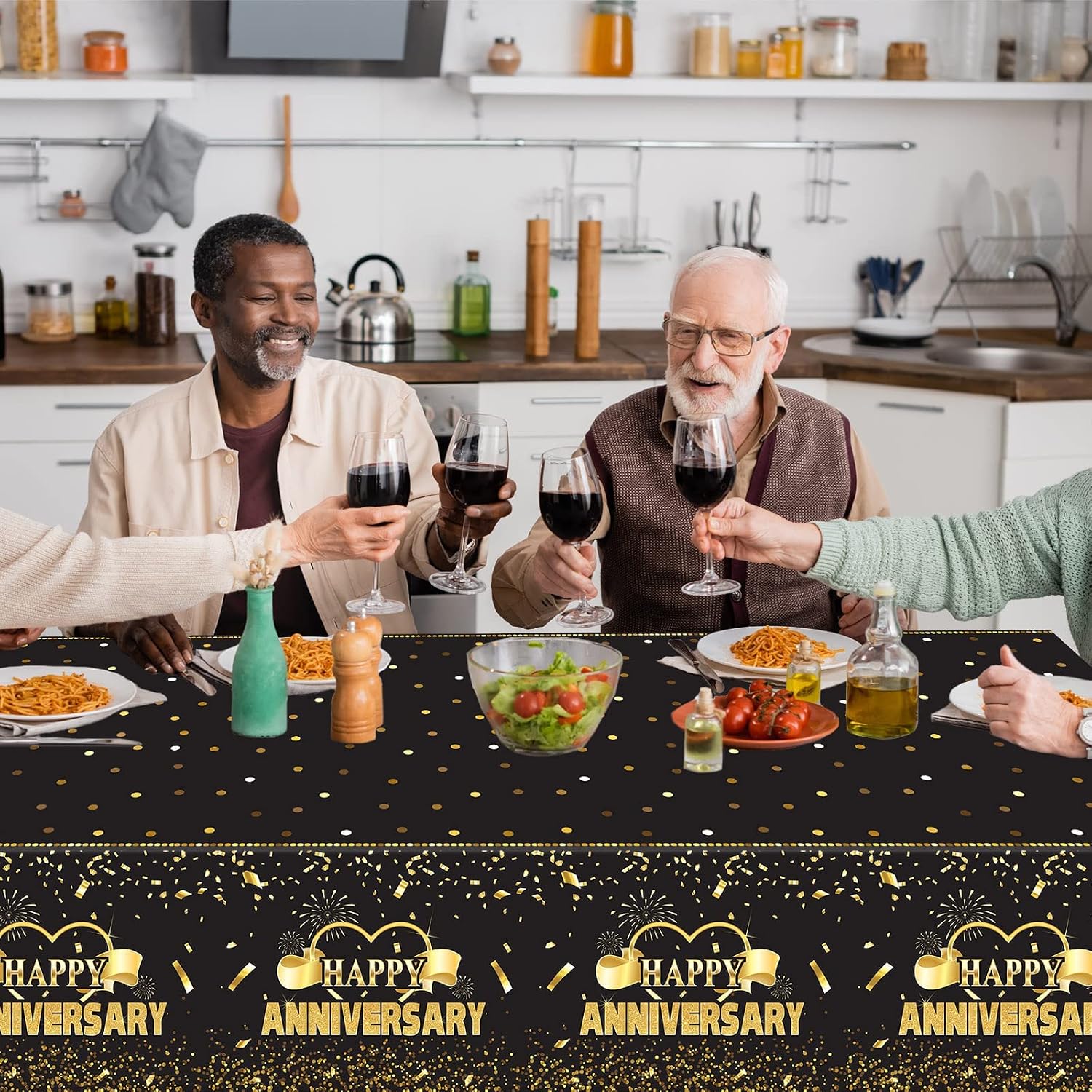 Tevxj 3 Pack Happy Anniversary Tablecloth Disposable Anniversary Party Decorations Black Gold Dot Confetti Table Covers Party Supplies for Rectangle Tables Favors for Guests 54 x 108 Inch