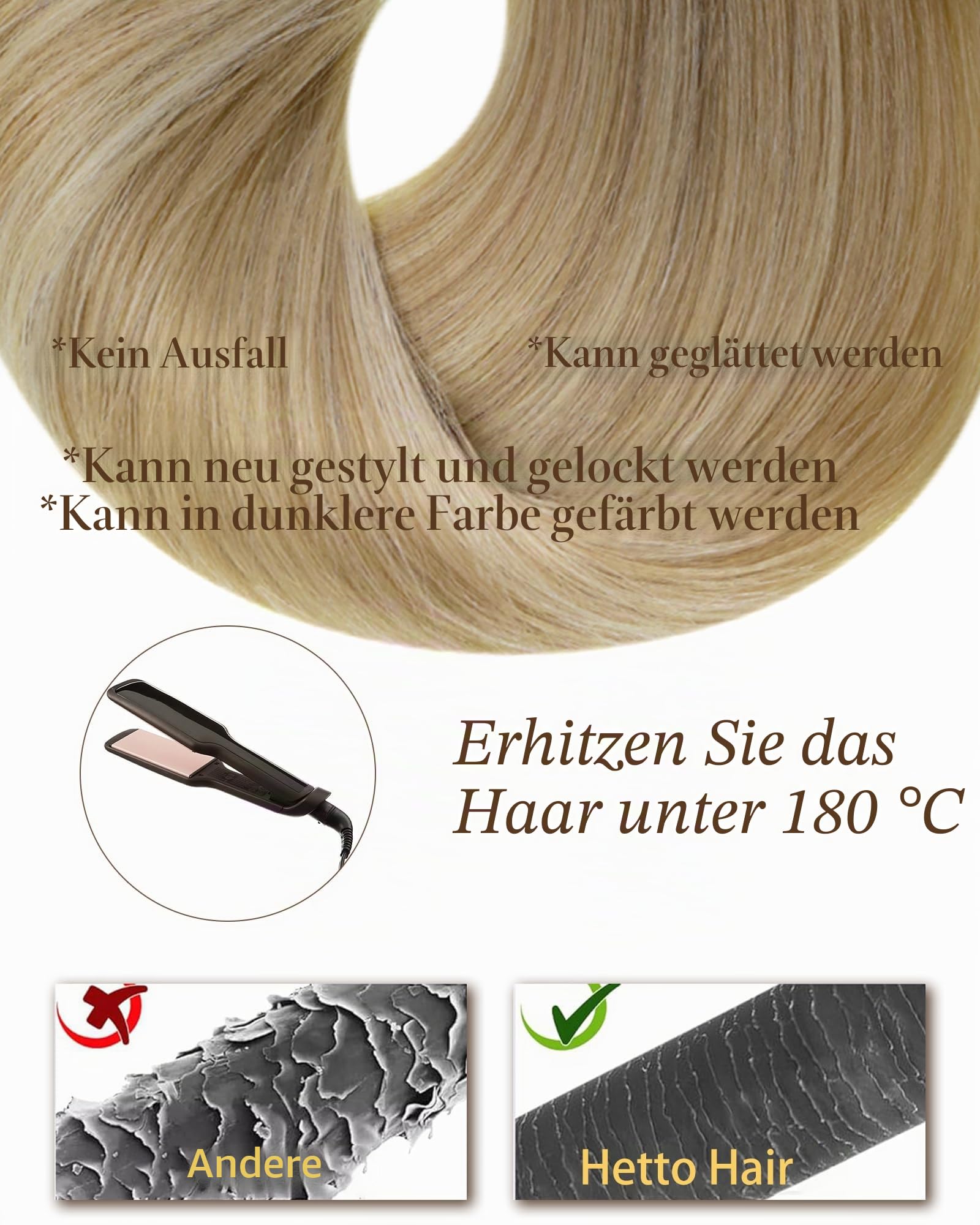 Hetto Tape Extensions Echthaar, Mittelblond mit Hellblonden Highlights, 60cm