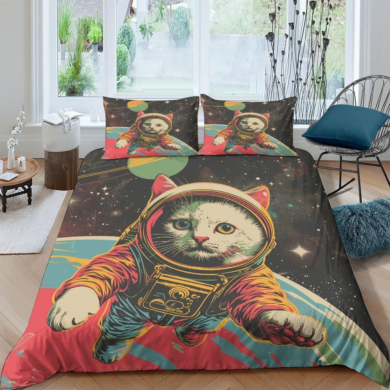 Ctjqhvkz Style-3 3D Printed Astronaut Cat Fitted Sheet Microfiber Vibrant Space Art Bed Cover For Bedroom Dorm House Mattress Decor Single（135X200cm）