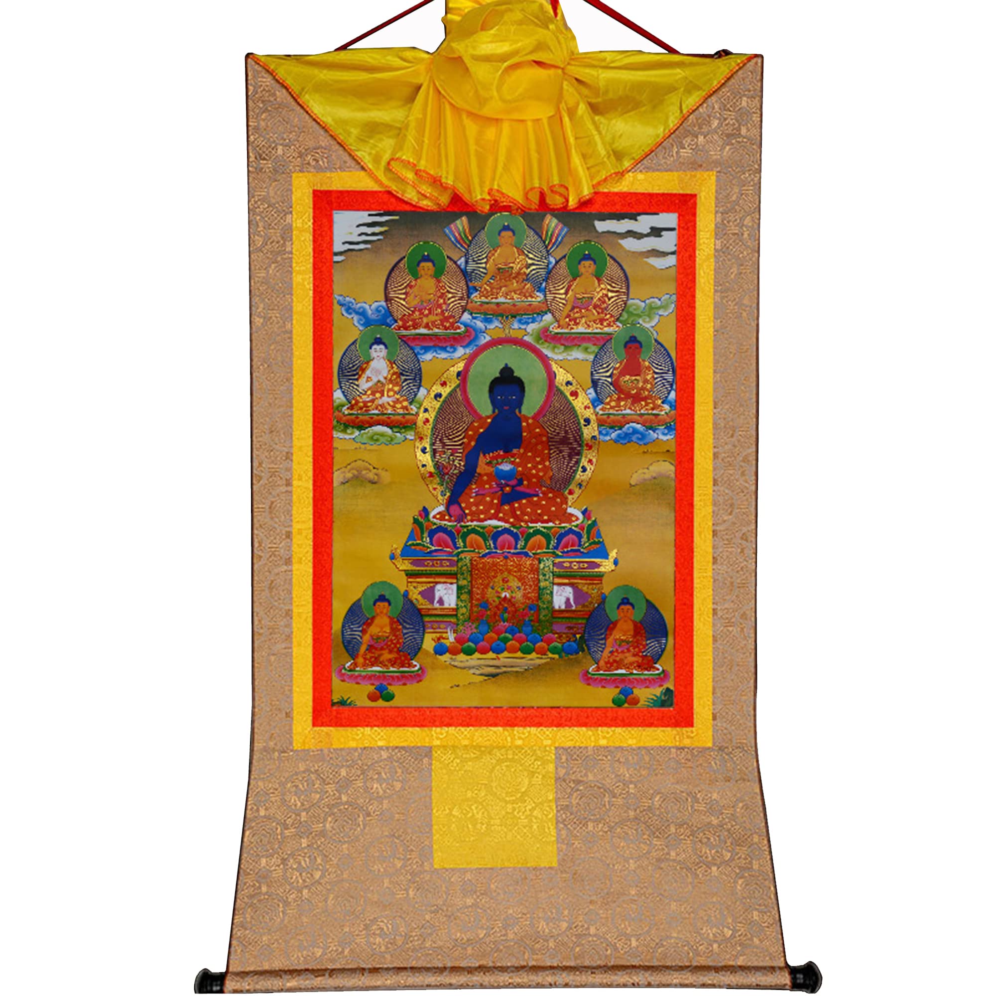 Gandhanra Tibetan Buddhist Thangka Wall Hanging,The Eight Medicine Buddhas Thangka,Hot Stamped Brocade Buddhist Tapestry for Zen Home Decor, Meditation, Spiritual Relaxation