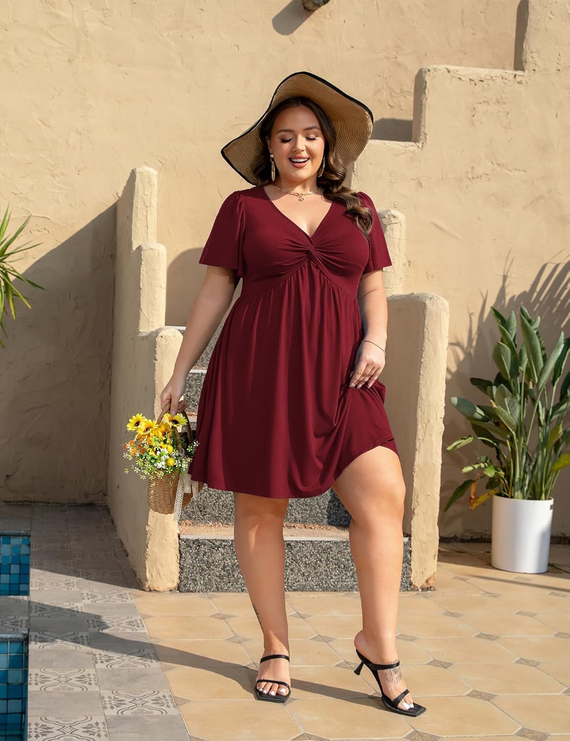 Womens Plus Size Summer Dress Casual Short Sleeves Deep V Neck Twist Knot Front Flowy Dress with Pockets - Image 8