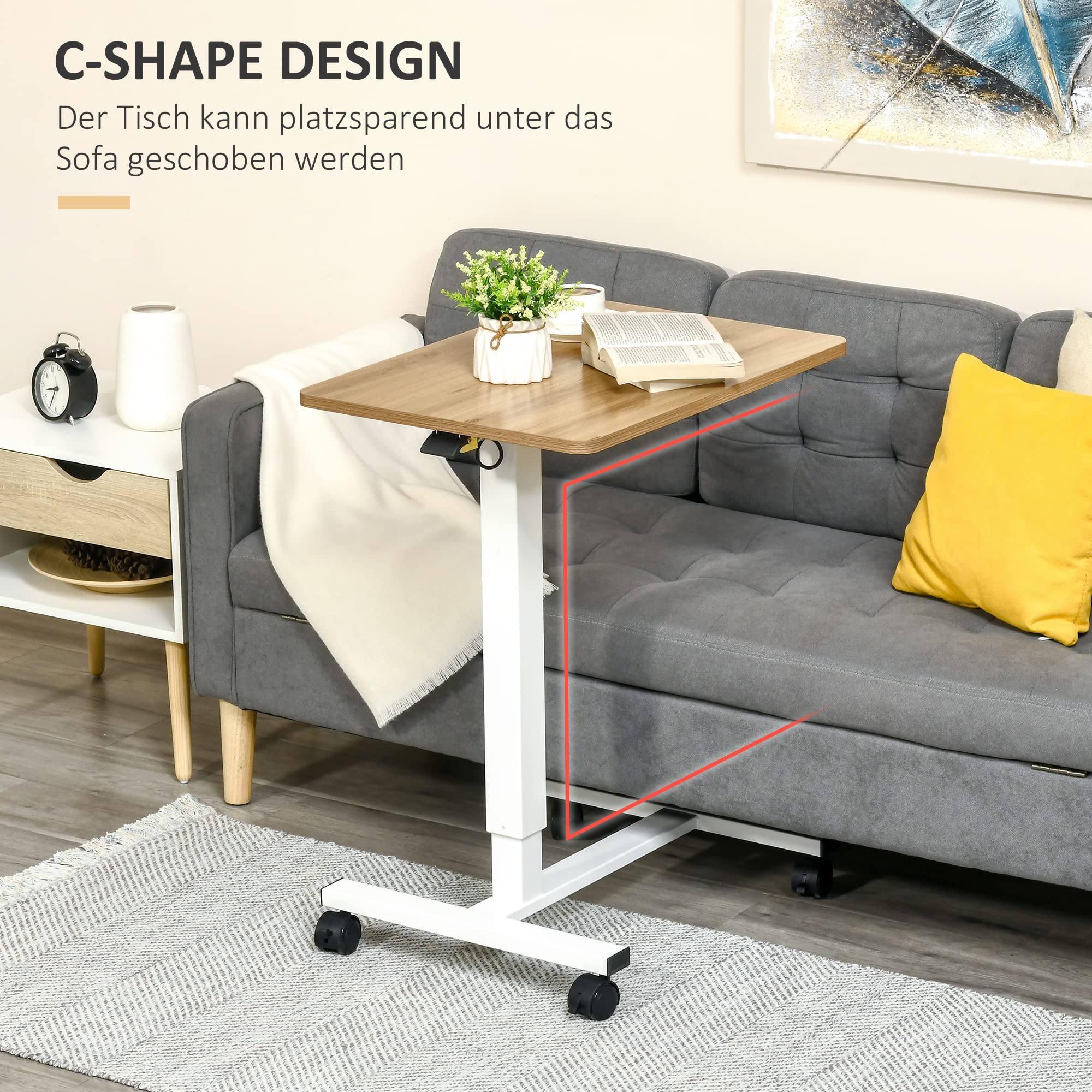 HOMCOM Stehpult, Höhenverstellbar C-förmig Schreibtisch mit 4 Rollen, 65x48x73-110cm Steh-Sitz Schreibtisch für Büro, Arbeitszimmer, Wohnzimmer, bis 70 kg belastbar, Natur+Weiß