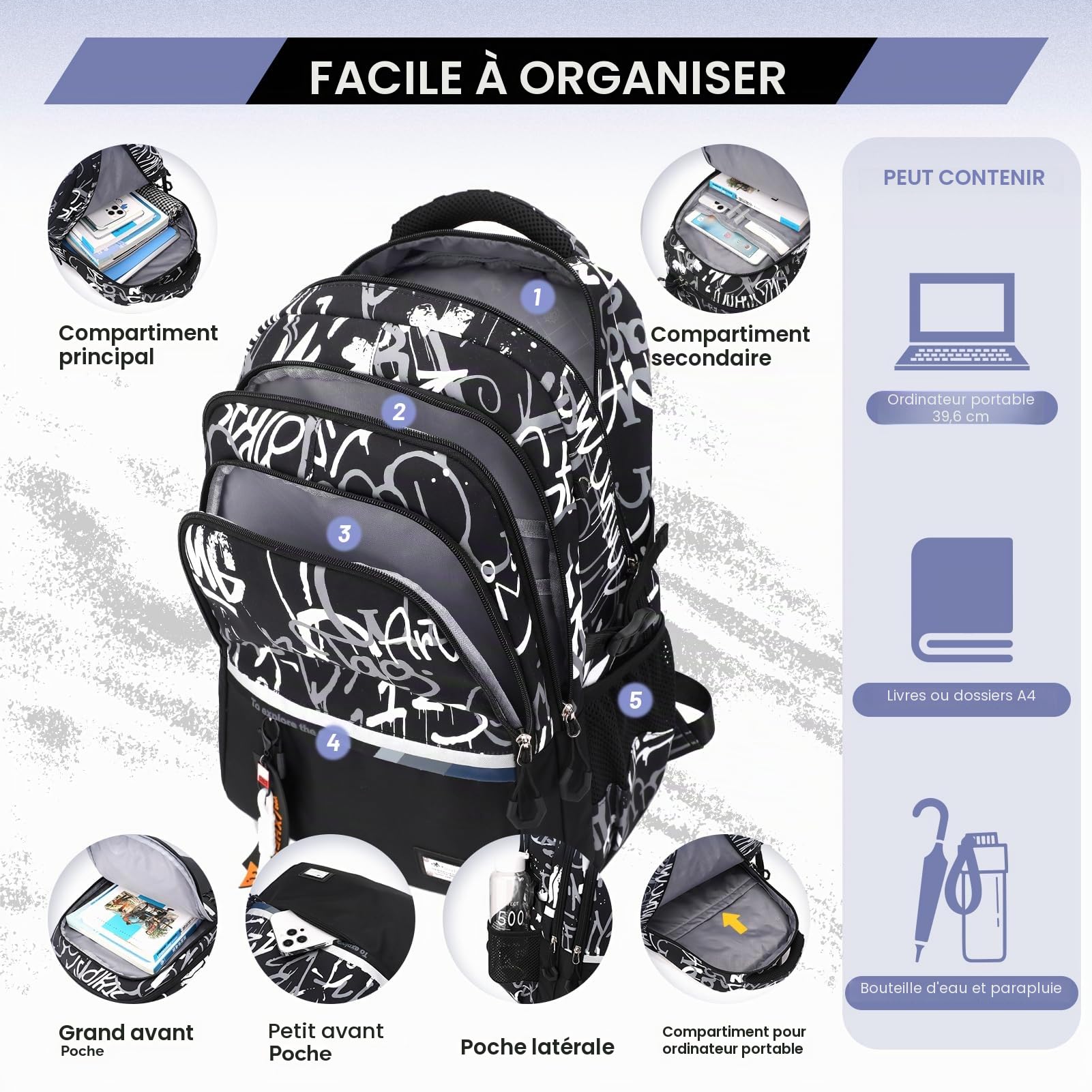 Amythe Sac à Dos pour Garçons Cartable Primaire College, Sac Ecole Tendance Léger pour les Adolescents pour 9-18ans, Sac D'école Grande Capacité Convient pour le Trolley, Noir