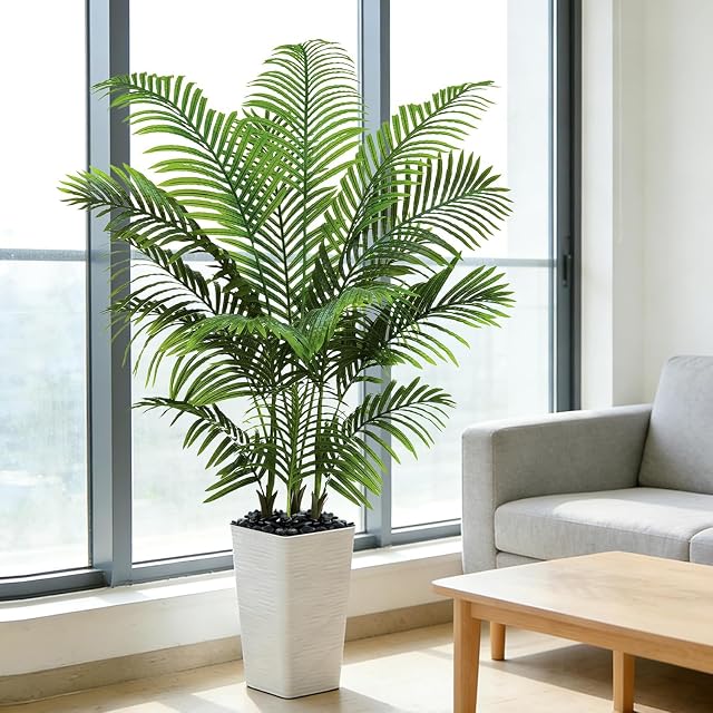 Artificial Areca Palm Tree 5FT Artificial Tree Outdoor Fake Majesty Palm Plant with White Tall Planter Faux Tropical Palm Trees for Indoor Outdoor House Living Room Patio Office Home Decor