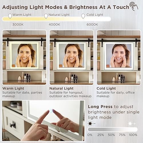 Miniatura 4 de T4TREAM Escritorio de maquillaje de granja con espejo deslizante y luces, mesa de tocador blanca de 31.2 pulgadas con 2 cajones y estantes, juego de