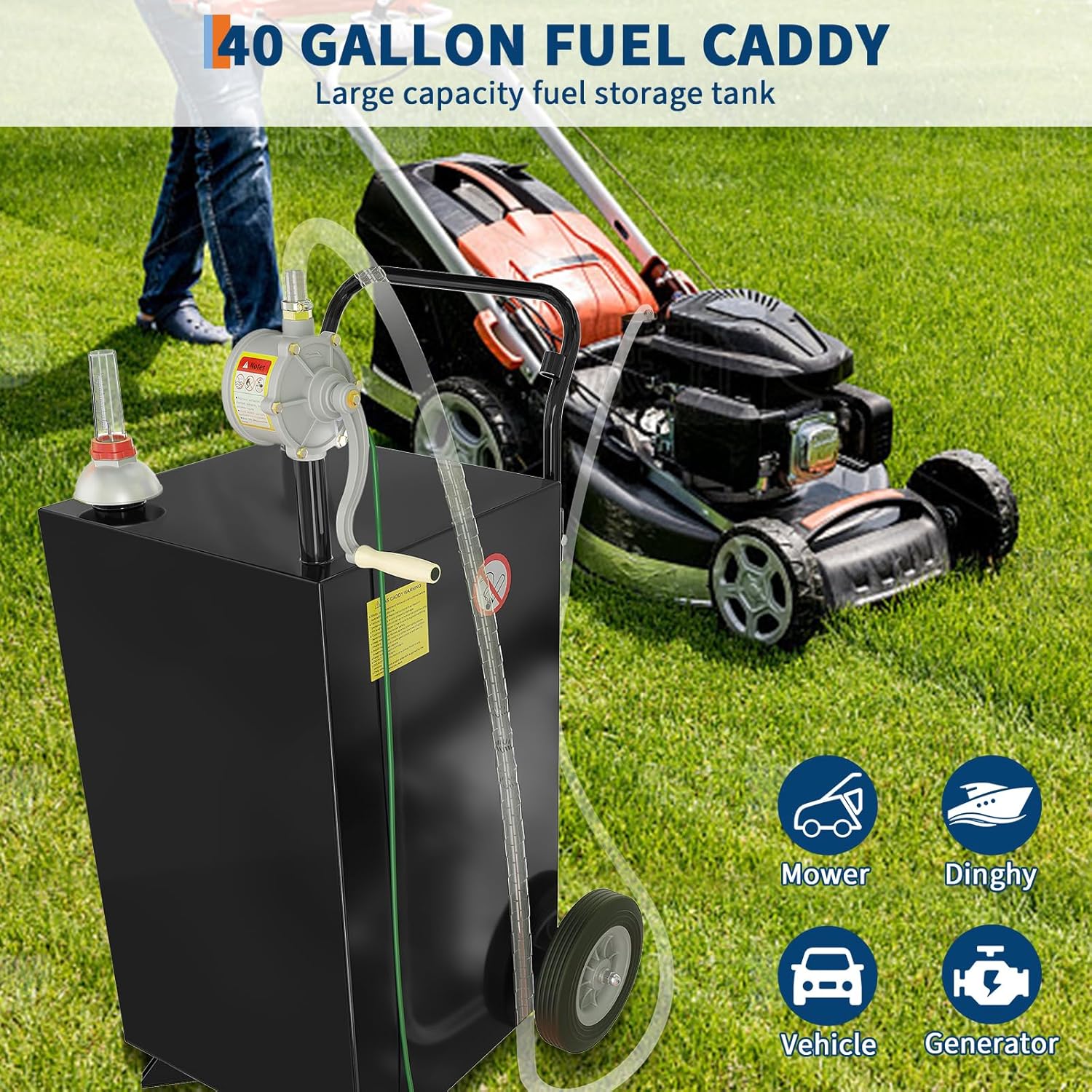 40 Gallon Fuel Caddy, Fuel Transfer Tank with Pump, Gas Storage Tank, Gasoline Diesel Fuel Container for Cars, Lawn Mowers, ATVs, Boats, More, Black