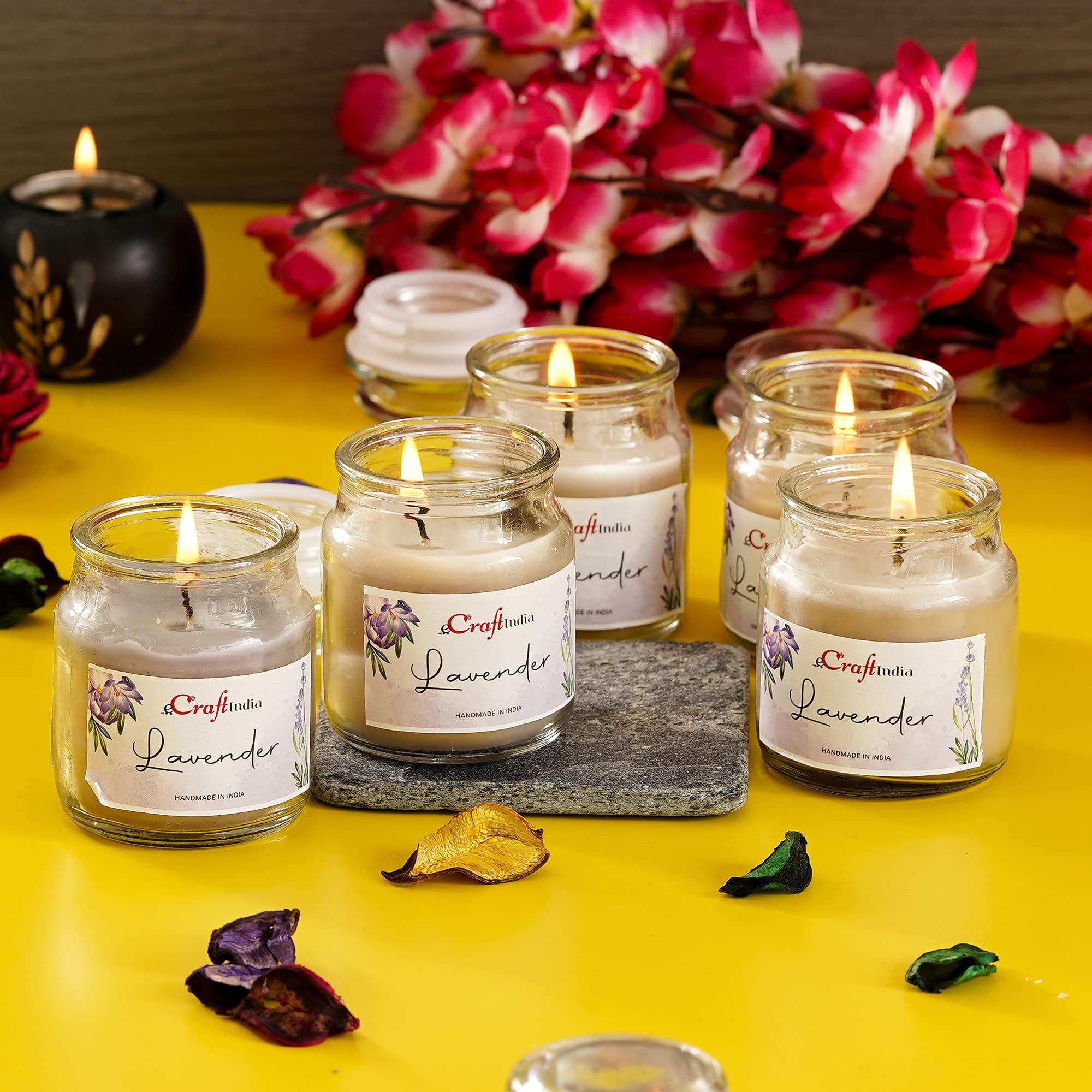 eCraftIndia Set of 5 Jar Lavender Scented Candles for Home Decor - Jar Candles for Diwali Christmas Birthday Valentine's Day - Scented Candles Gift Set - Diwali Decoration Items for Home Decor