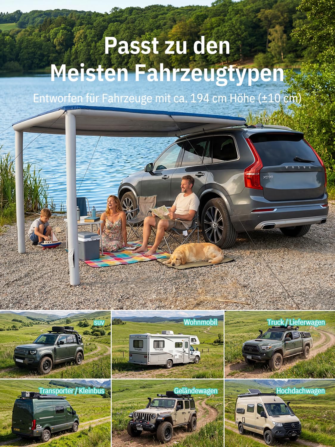 Niphean Auto Markise für SUV, Pickup & Van, 2-Min-Aufbau, Kein Dachträger Nötig, Aufblasbares Sonnensegel Wohnwagen 250 x 198 cm, Wasserdicht, UV50+, Windstabil Fahrzeug Markise