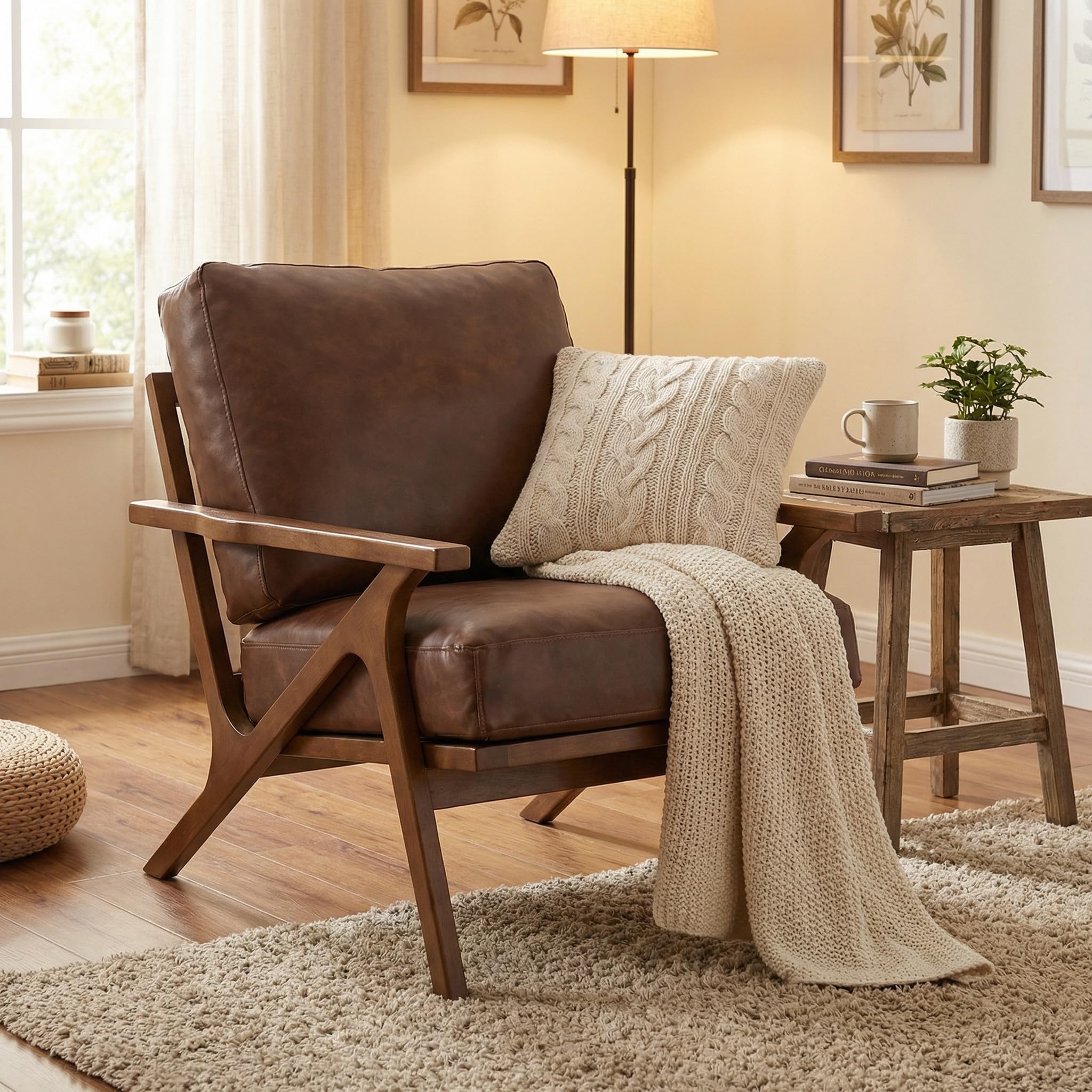 Wahson Brown Leather Accent Chair Mid Century Modern Chair, Retro Upholstered Armchair with Wood Frame and Removable PU Cushions, Large Compfy Leisure Slipper Chair for Living Room/Bedroom