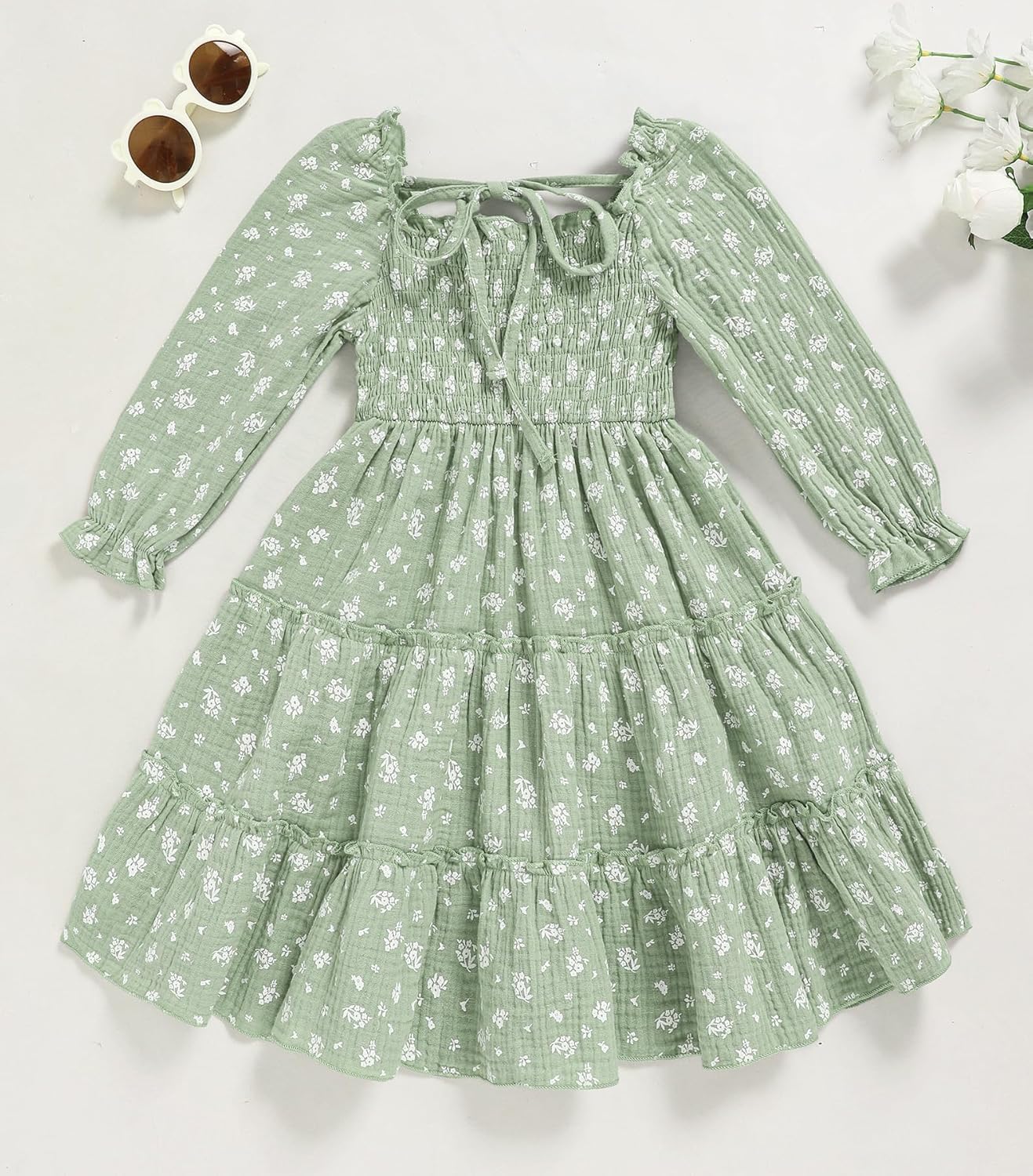Toddler Girl Dress Long Sleeve Baby Floral Smocked Square Neck Playwear Dress | Spring Fall Casual Dresses 1-6Y - Image 5