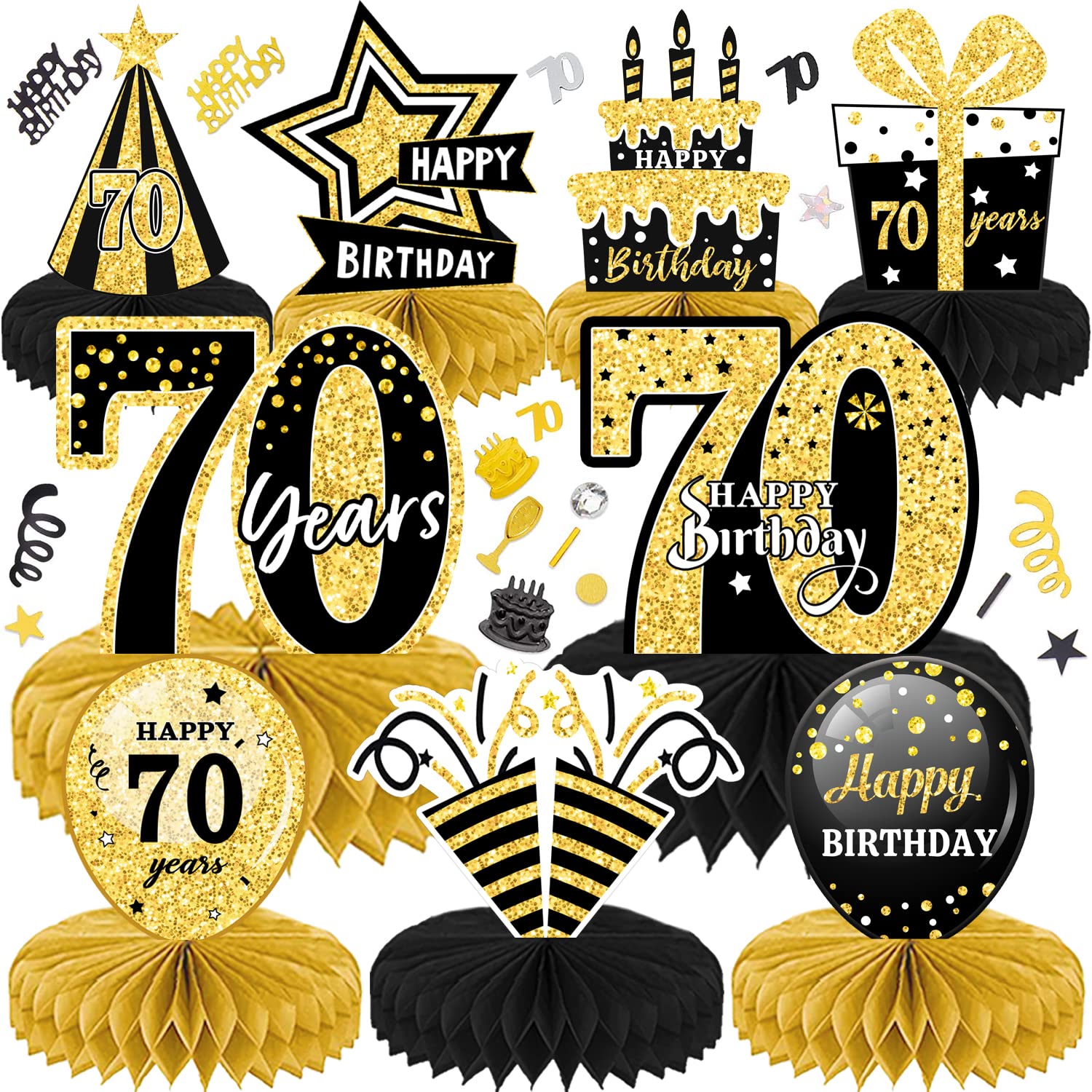 Hossom Centrotavola Compleanno 9 Pezzi 80 Anni Oro Nero Centrotavola a Nido d'Ape Set di
