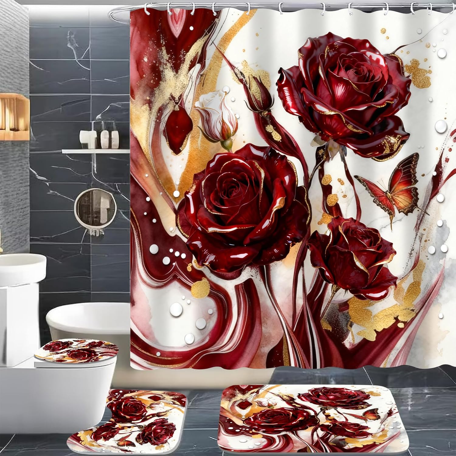 Red Marble Rose Shower Curtain Set,Luxury Modern Abstract Floral Bathroom Decor with Non-Slip Rugs & Toilet Lid Cover, Waterproof Fabric with 12 Hooks,Elegant Glamorous Bathroom Accessories for Home