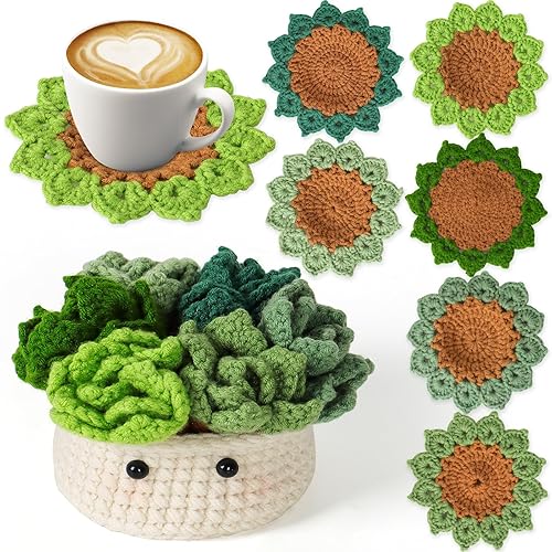 LOMOHOO Crochet Kit for Beginners, 6PCS Crochet Coasters Kit, Flower Potted Plant Crochet Kit with Crochet Hook, Colorful Yarn, Stitch Marker, Instruction, Craft Lover DIY Material Tools(Green) - Green