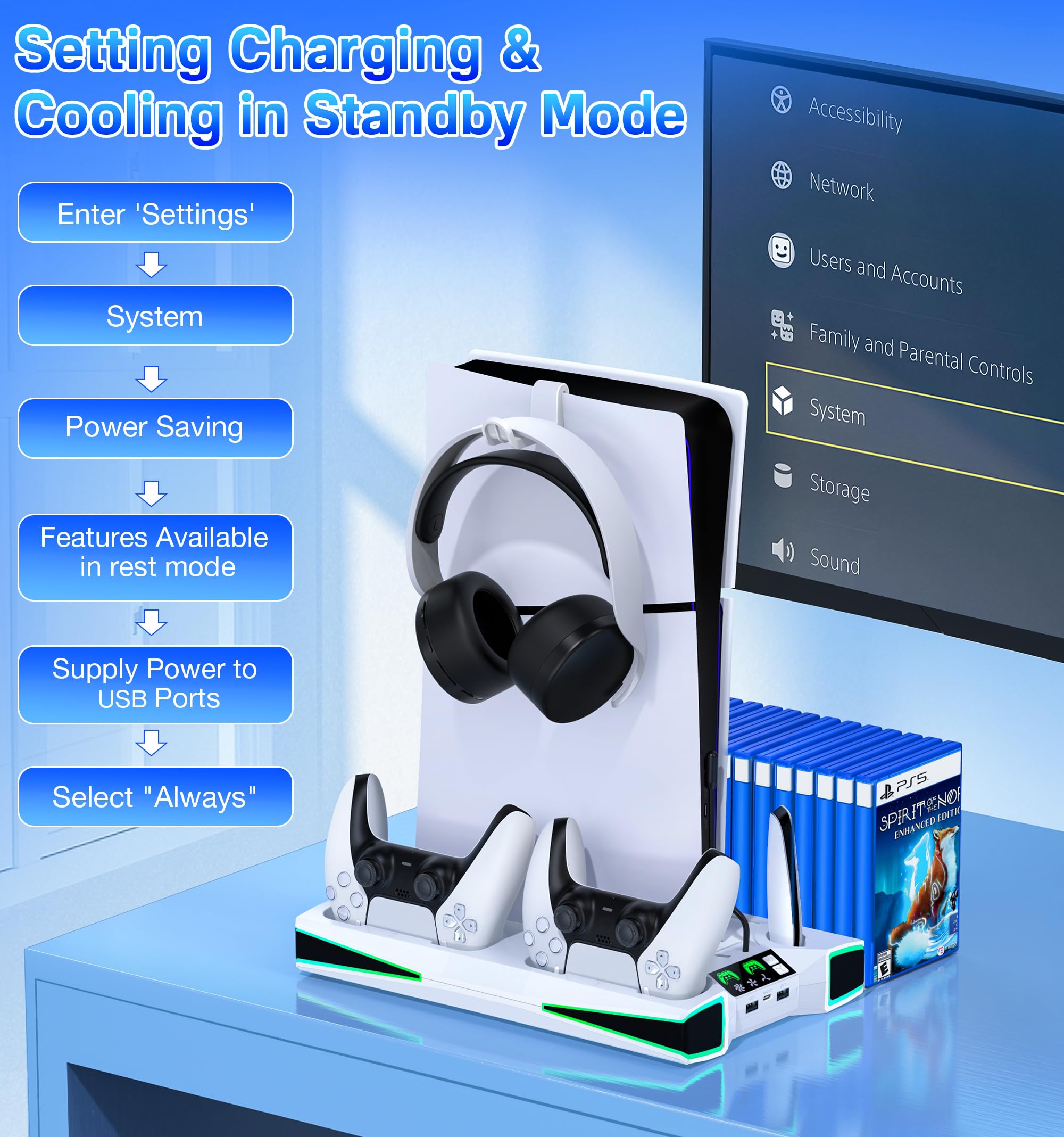 PS5 Ständer mit Automatisch Einstellbarer 3-Stufen-Lüfter für PS5 Controller Ladestation/Kopfhörerhaken, PS5 Slim Standfuß Zubehör mit RGB-Lichteffekte für PS5 Slim Disc & Digital Konsole, Weiß