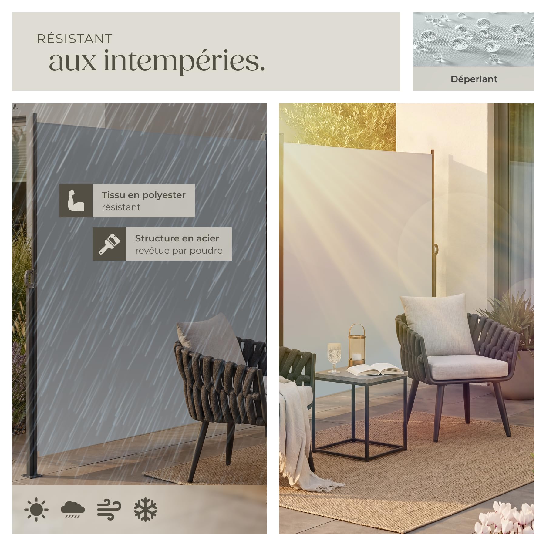 tectake® Store Latéral Double 200 x 600 cm, Résistant aux intempéries, Extensible avec mécanisme d'enroulement, Brise Vue Opaque, Protection Soleil et Vent, Tissu en Polyester Enduit - Gris