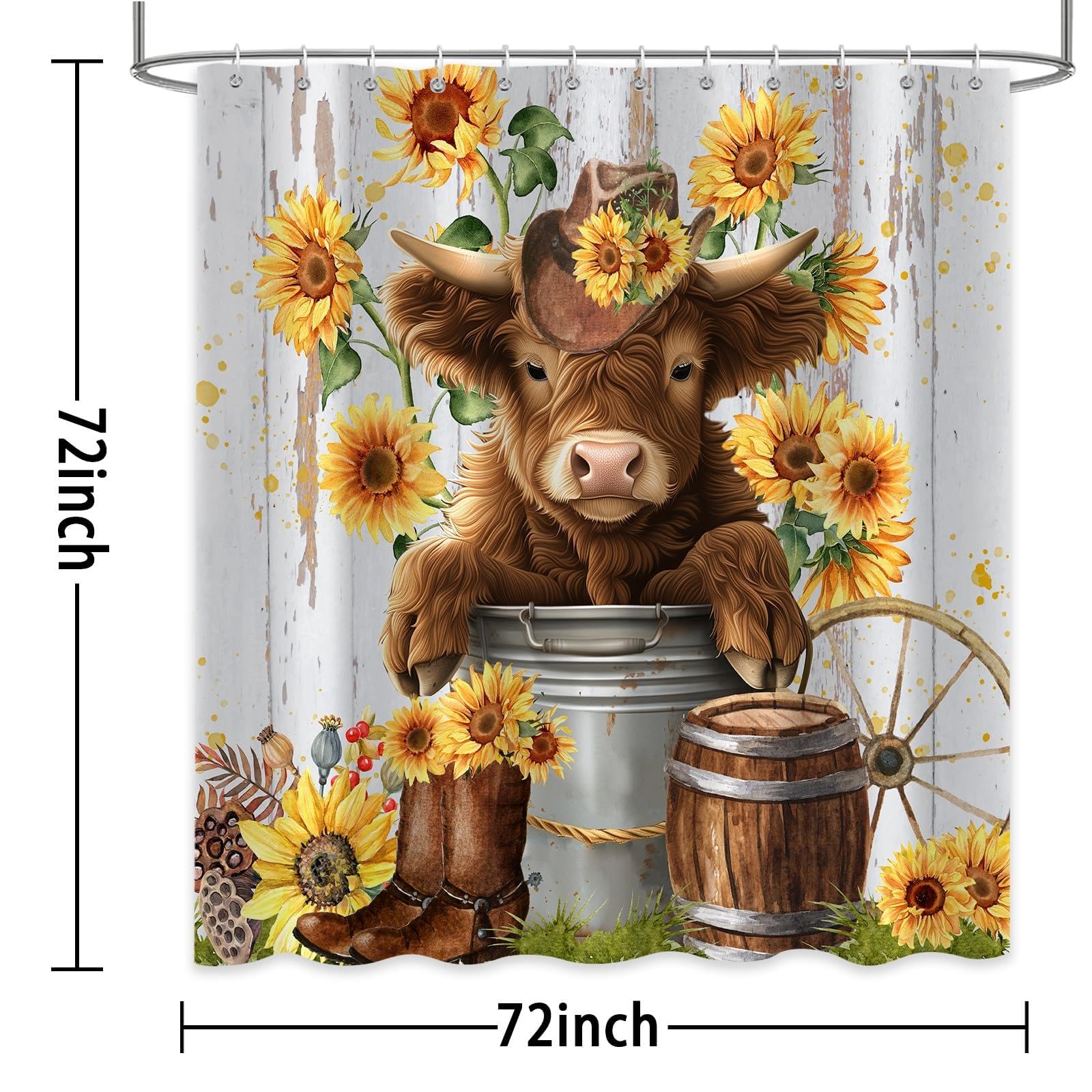 Zasłona prysznicowa w stylu krowy w stylu Highlands 190 x 215 cm zachodnie buty kowbojskie rustykalne słonecznik zabawny kubeczek tkanina kwiatowa zasłona łazienkowa z haczykiem