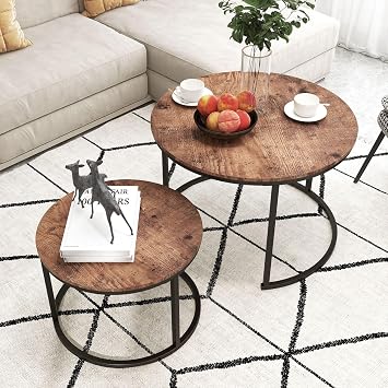 Round Nesting Coffee Table,Small Round Coffee Tables Set of 2 Industrial Side End Table,Center Table Wooden Surface with Metal Frame for Living Room,Brown,70x49cm