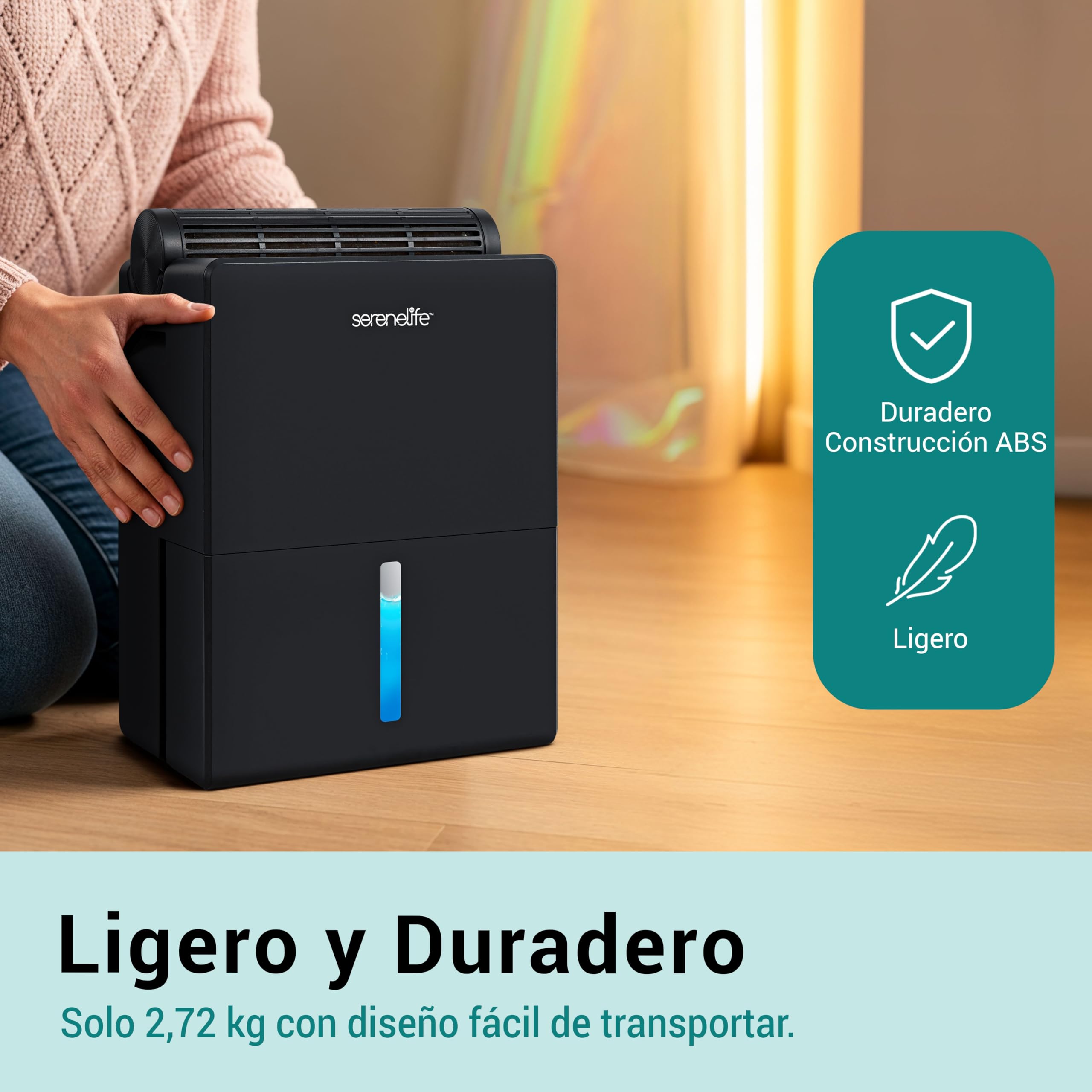 SereneLife deshumidificador pequeño y silencioso para hogar, Dormitorio y baño, 2 en 1 con cilindro extraíble, Base de secado, Control inteligente, Temporizador, Modo sueño, Hasta 111 m²