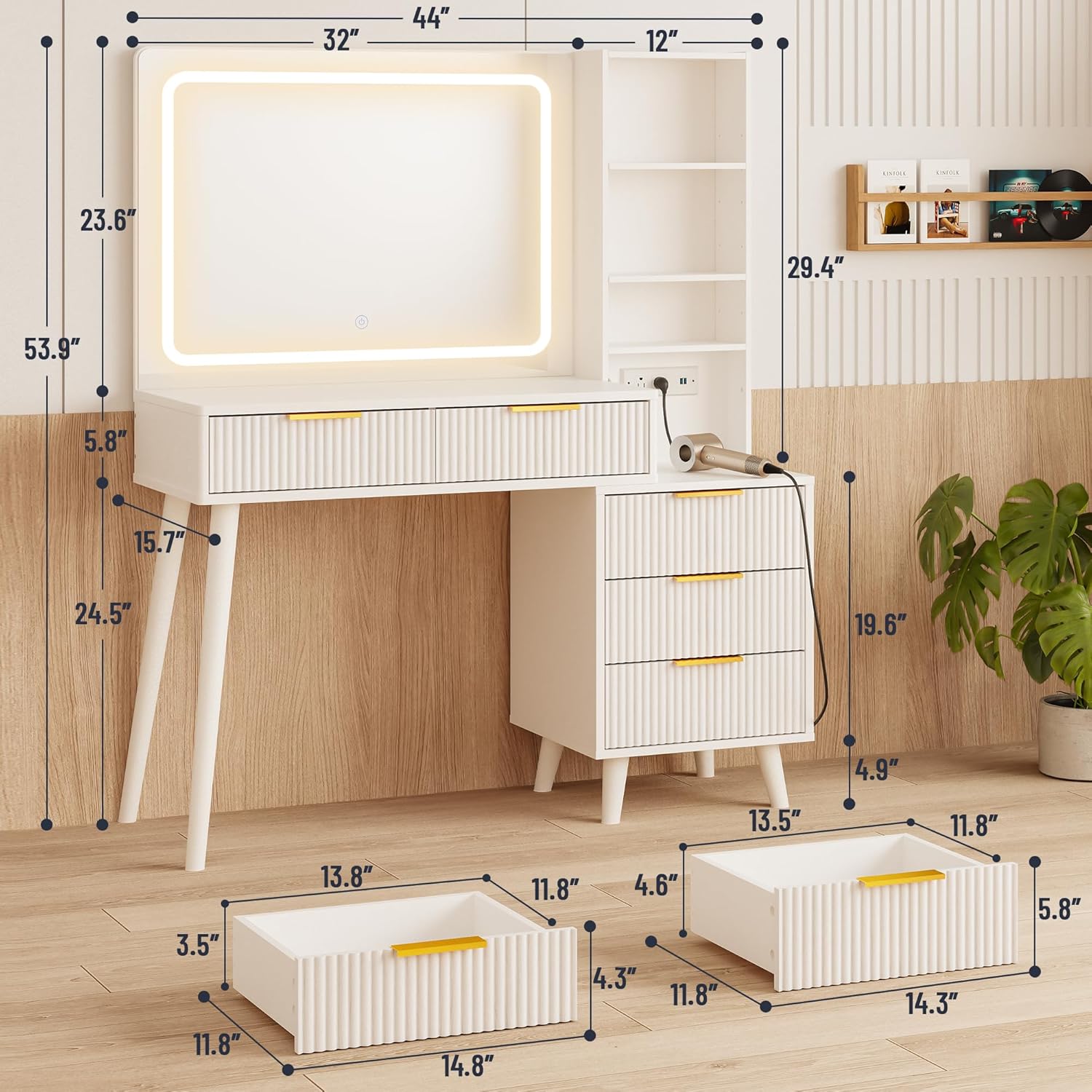 Vanity Desk with Mirror and Lights, Makeup Vanity Desk with Power Outlet, Makeup Desk with 5 Drawers&Storage Shelves, Vanity Table 3 Color Modes Adjustable Brightness Dressing Table Set for Bedroom