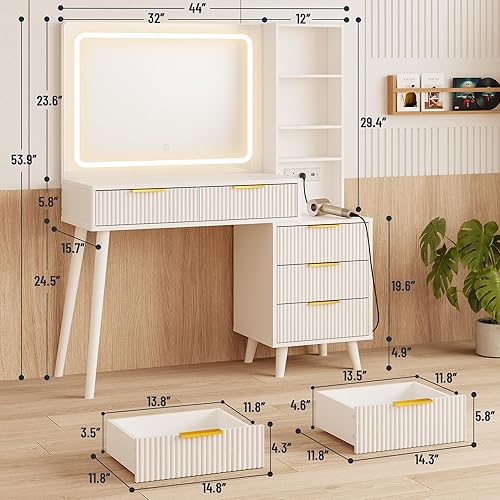 Miniatura 4 de Escritorio de tocador de 44 pulgadas con espejo y luces, escritorio de maquillaje con toma de corriente, escritorio de maquillaje con 5 cajones y