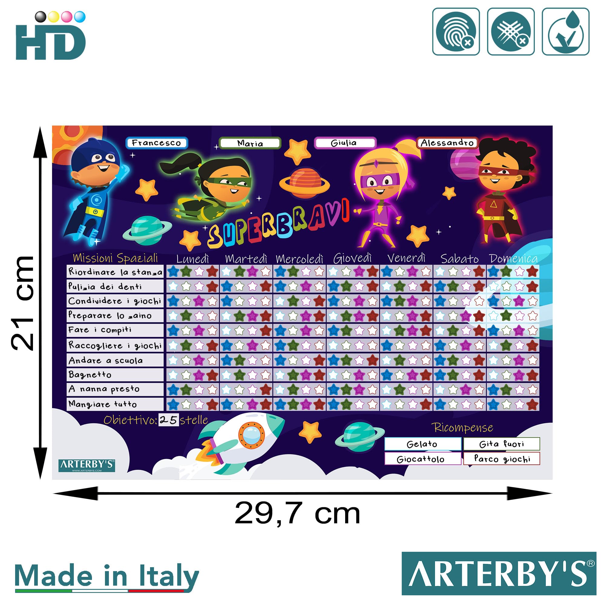 Arterby's® - Tabella delle Ricompense – 25 Fogli A4 in Cartoncino Rigido ECO e 280 Adesivi Stelle 4 Colori – Tabellone Attività Risultati Motivare Psicomotricità Bambini (Italiano, SUPEREROI - COL001)