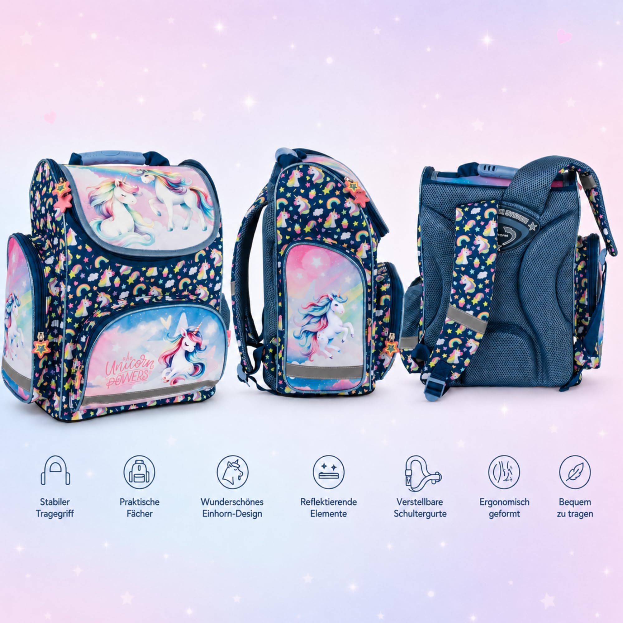 Goldkids - Schulranzen für Jungen und Mädchen, 4er-Set - Schul-Rucksack für Kinder mit Federmäppchen - Schuhbeutel und Hausaufgabenheft - Einhorn Motiv - 1-3 Klasse
