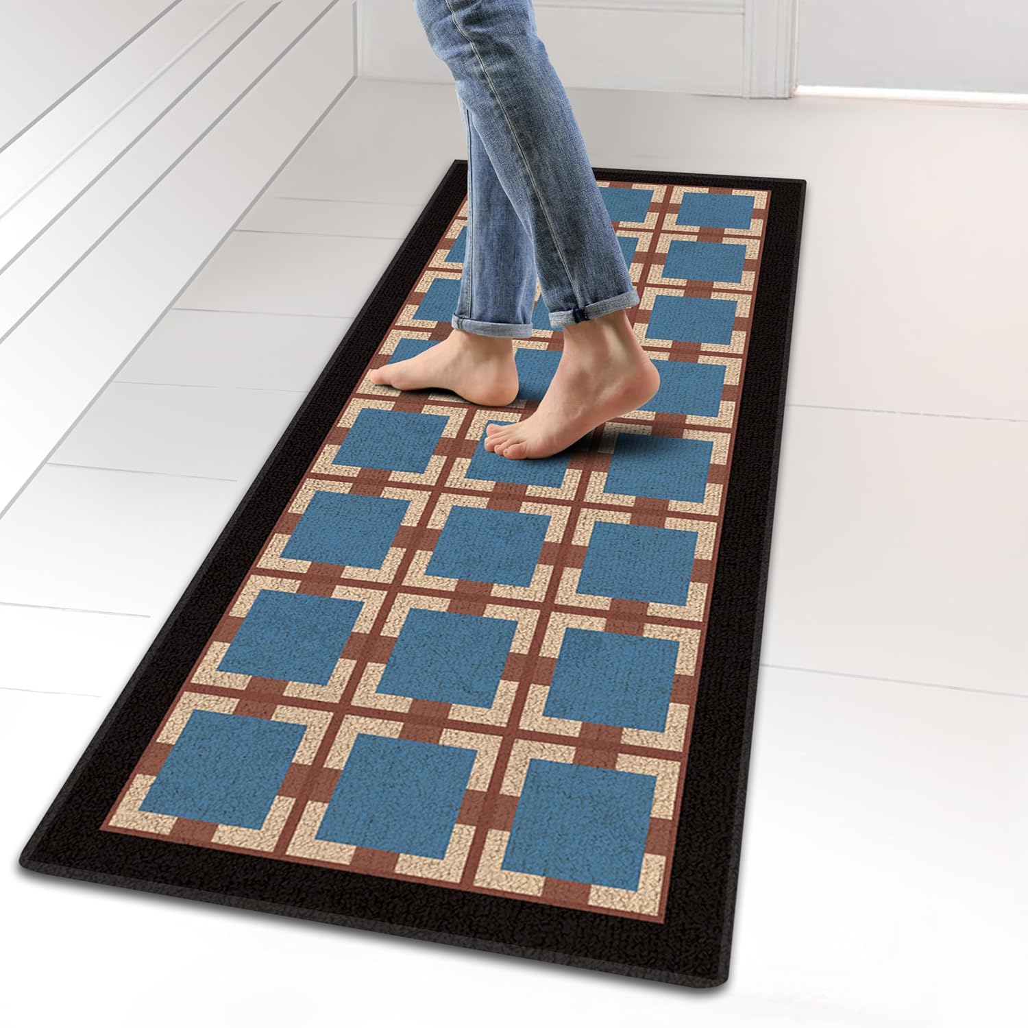 Kitchen Rugs and Mats, Washable Non-Skid Kitchen Mats for Floor, Large Runner Rugs for Kitchen Floor, Front of Sink, Hallway, Laundry Room, Red Square, 17"x32" (Blue Square, 17"x47") Blue Square1 1'5" x 2'8" (Rectangular)