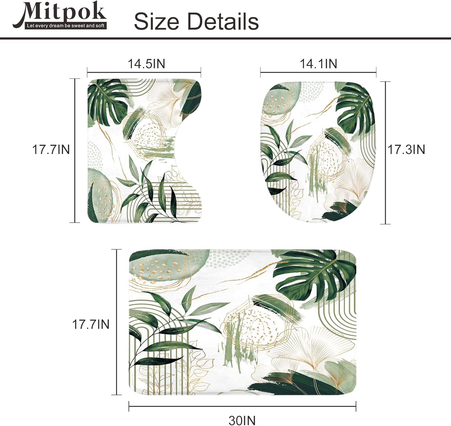 4 PCS Sage Green Boho Shower Curtain Set 72Wx72H, Non-Slip Bath Rug Toilet Lid Cover and U Shape Mat Modern Tropical Palm Leaves Complete Bathroom Set Accessories with 12 Hooks Bathroom Decor