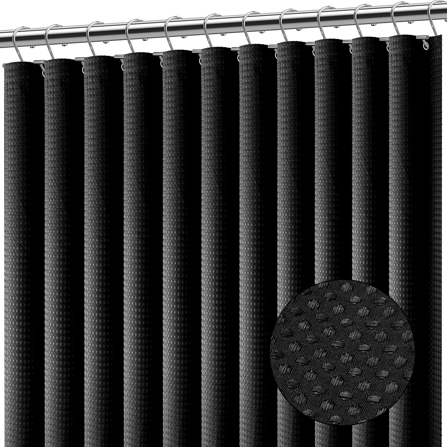 Clara Clark Black Shower Curtain - Waterproof Shower Curtains For Bathroom, Waffle Shower Curtain Fabric, Bathroom Curtain, Fabric Shower Curtain 180 X 180 Cm (71 X 71 Inch), Cloth Shower Curtain