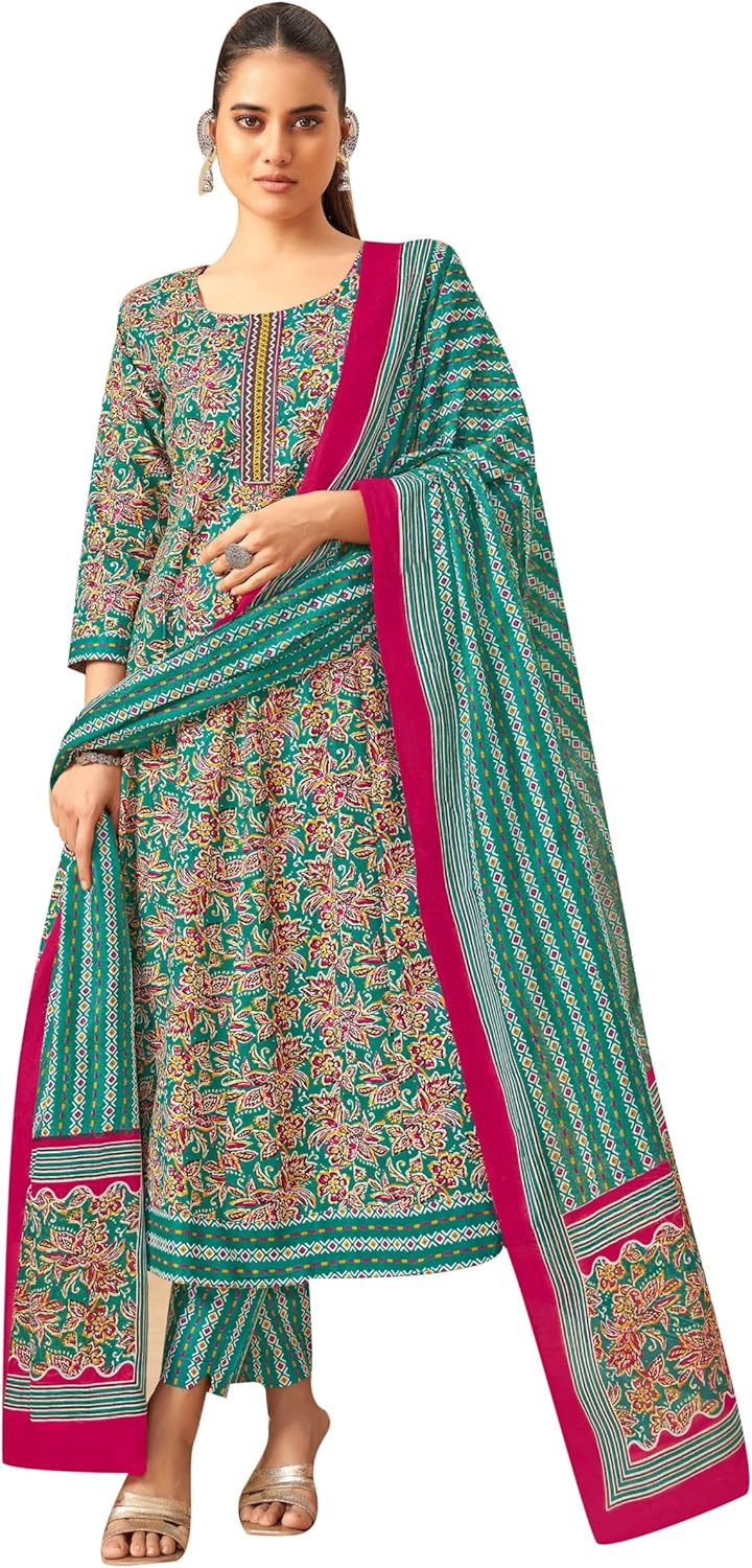 ladyline Womens Cotton Anarkali Salwar Kameez Suit Set | Printed Flared Kurta, Pants & Lawn Dupatta | Evening & Festive Wear