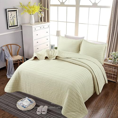 Miniatura 6 de MarCielo Juego de colcha de 3 piezas, 100% algodón, tamaño extragrande, juego de edredón ligero con costuras para casa de campo (Queen (100 x 106