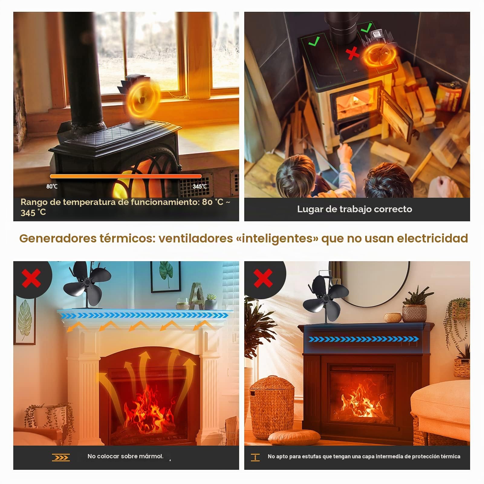 Ventilador de estufa sin electricidad, silencioso, ventilador de chimenea con 4 hojas, para madera/leña/hoguera/tubo de estufa