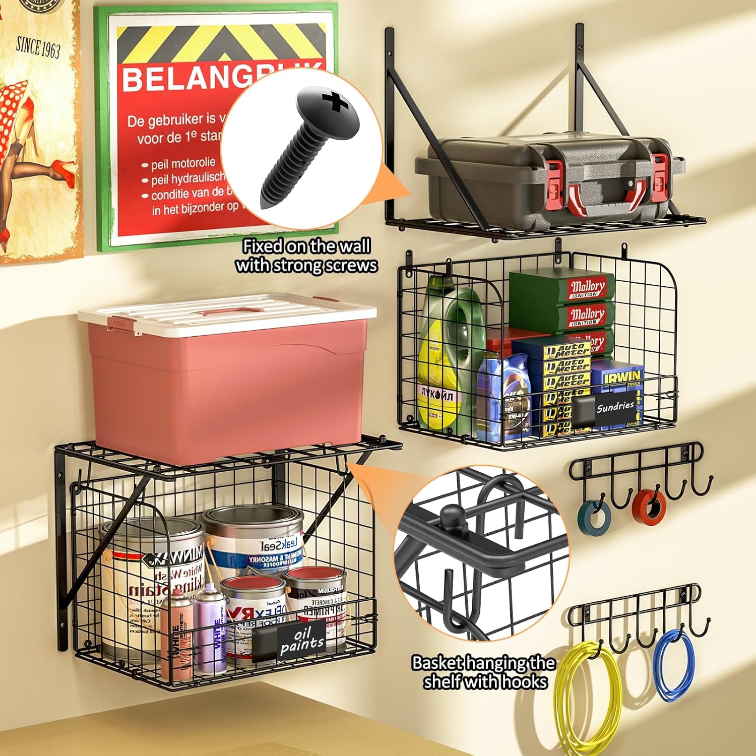 Lot de 2 étagères de garage à fixation murale avec paniers en fil métallique - Robuste - Avec crochets - Pour la maison, le jardin, le garage