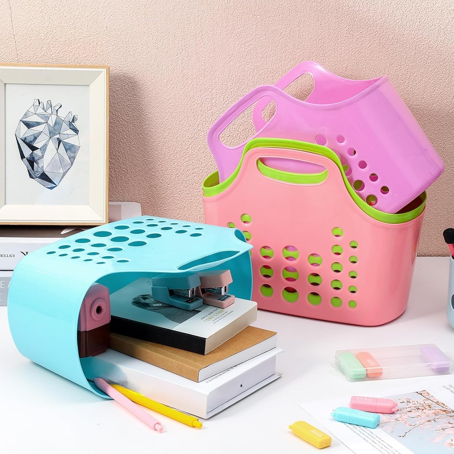 Nuogo 10 Pack Assorted Multicolor Basket with Handles Plastic Oval Carry Totes with Handles Caddy Multipurpose Organizer Reusable for Bathroom Dorm Communal Showers Kitchen School, 10.6" x 6" x 10"