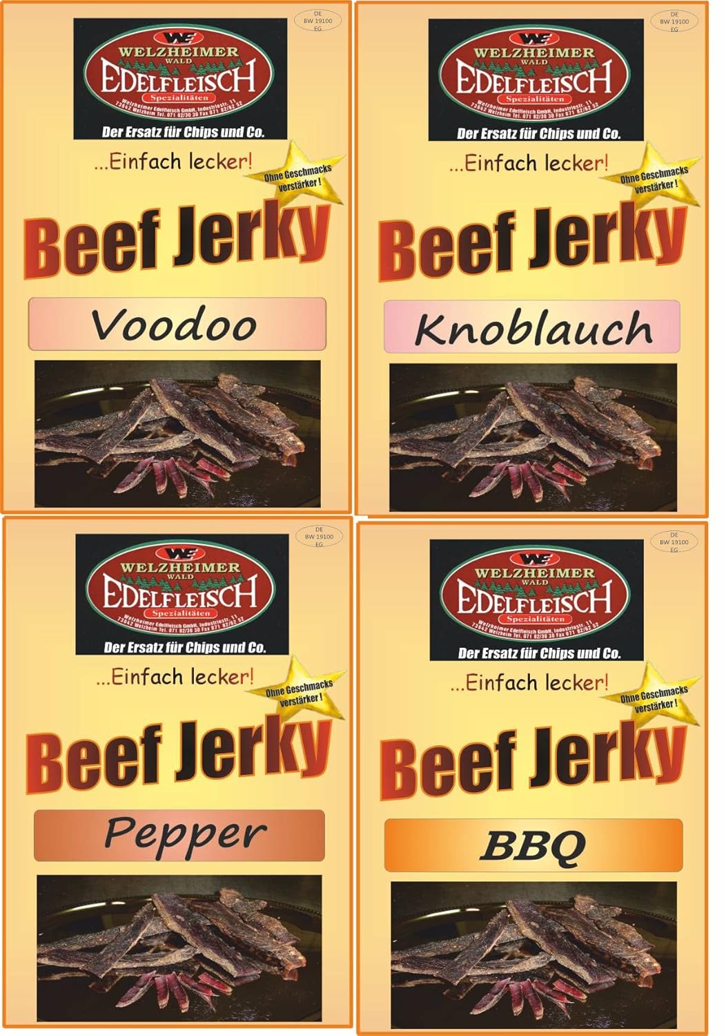 Edelfleisch 1200 Gramm Biltong Beef Jerky Probierpaket 4 Sorten BBQ