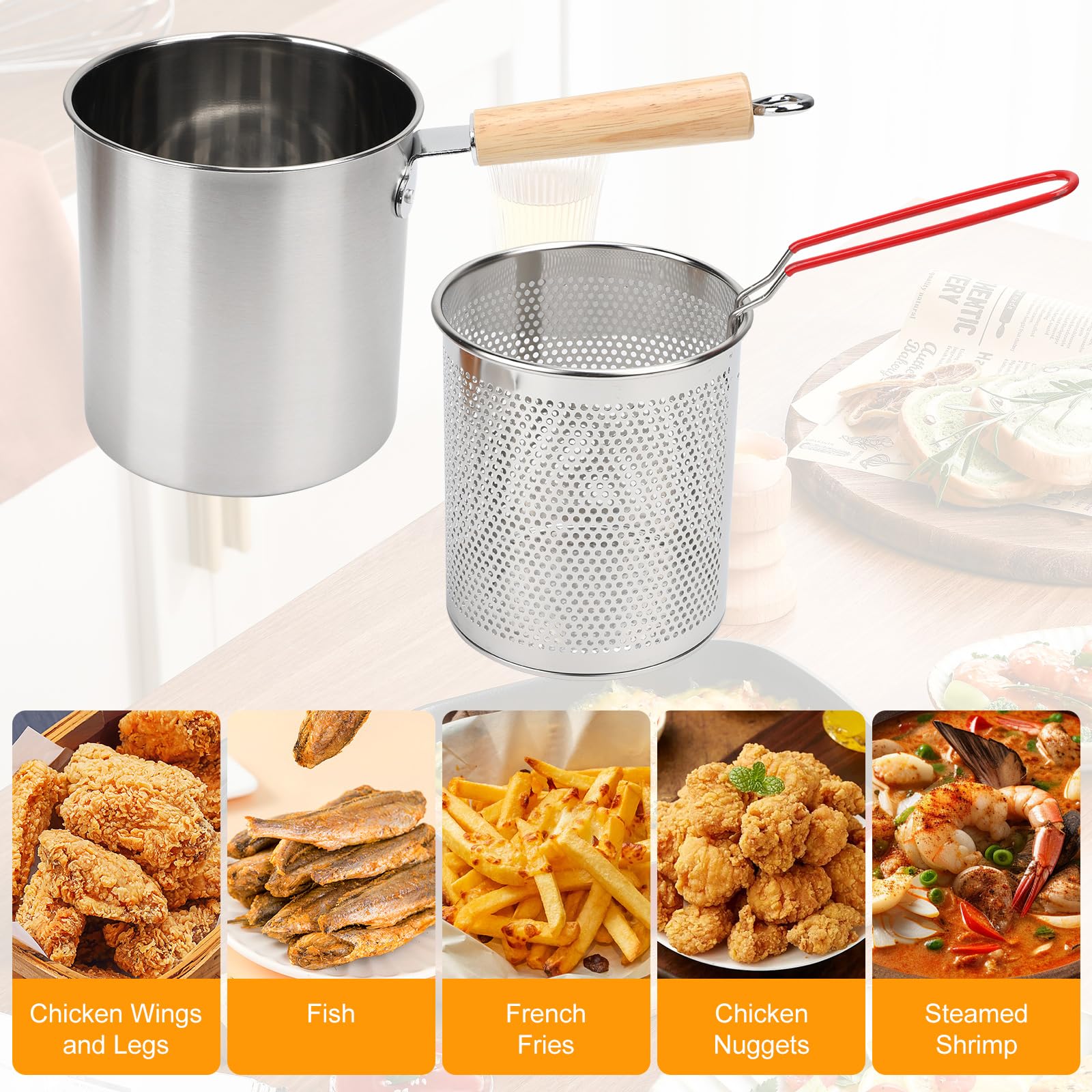 Mini Friteuse avec Panier Passoire,Pots de Filtre à Huile en Acier Inoxydable Avec Couvercle Et Clip Anti-PoussièRe, RéCipient Graissee PoignéE Pour Graisse Cuisson Frire pour Frites,Poisson (3L)