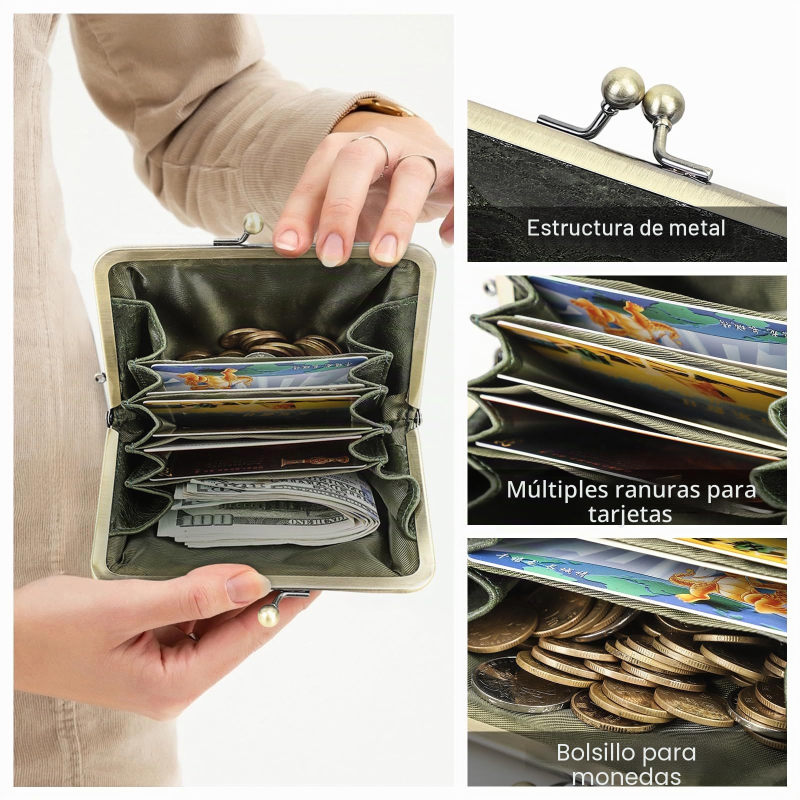 CONTACTS Cartera de beso con cierre de presión de cuero para mujeres Damas Vintage Porta tarjetas pequeño y lindo Monedero de cambio, verde oscuro, Estilo vintage