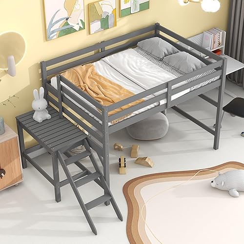 Miniatura 4 de CITYLIGHT Cama alta matrimonial con plataforma y escalera, cama baja de madera para niños, cama alta junior tamaño matrimonial con amplio espacio