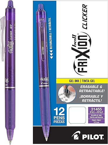 PILOT FriXion Clicker - Bolígrafos borrables de tinta de gel recargables y retráctiles de punta fina tinta morada paquete de 12 31455
