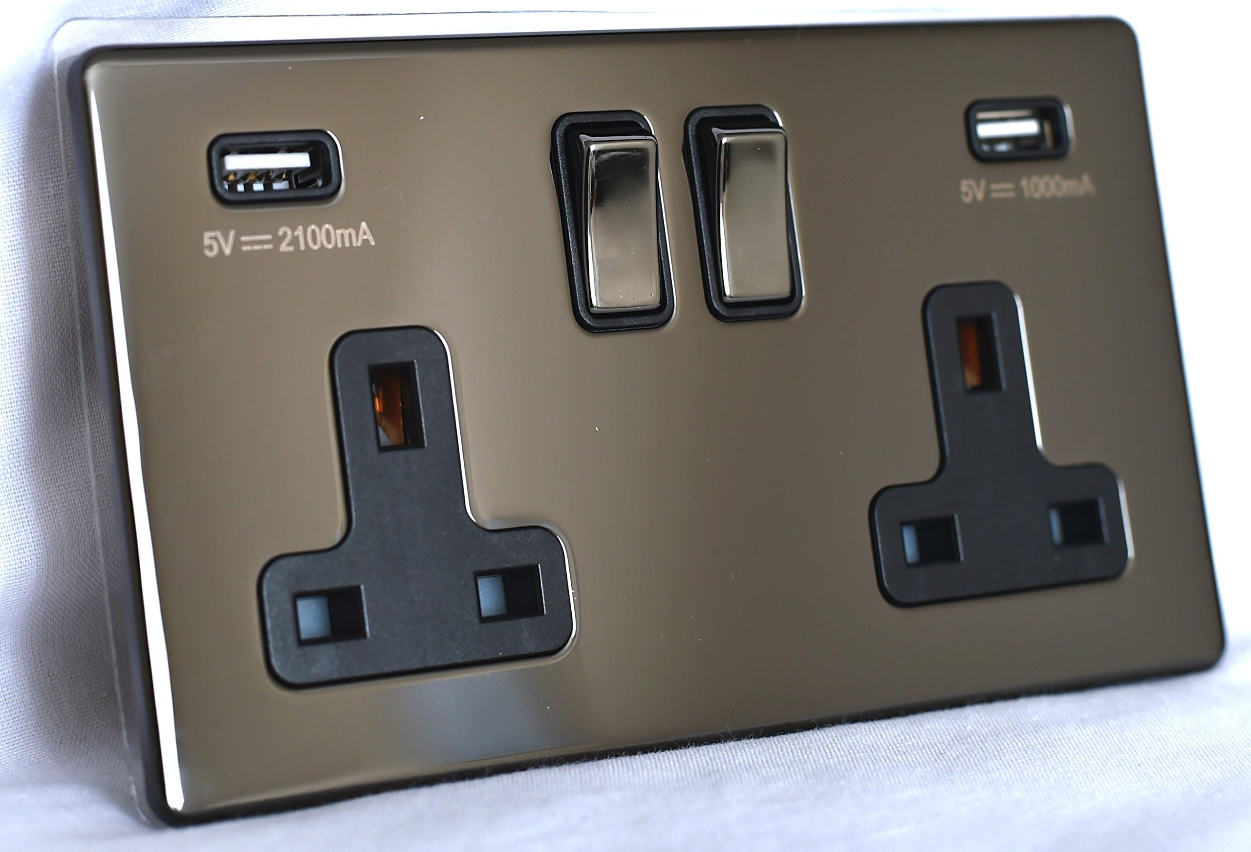 13 A 2-Gang Screwless Switched Socket with Dual USB Charger - Black Nickel Chrome with Black Insert