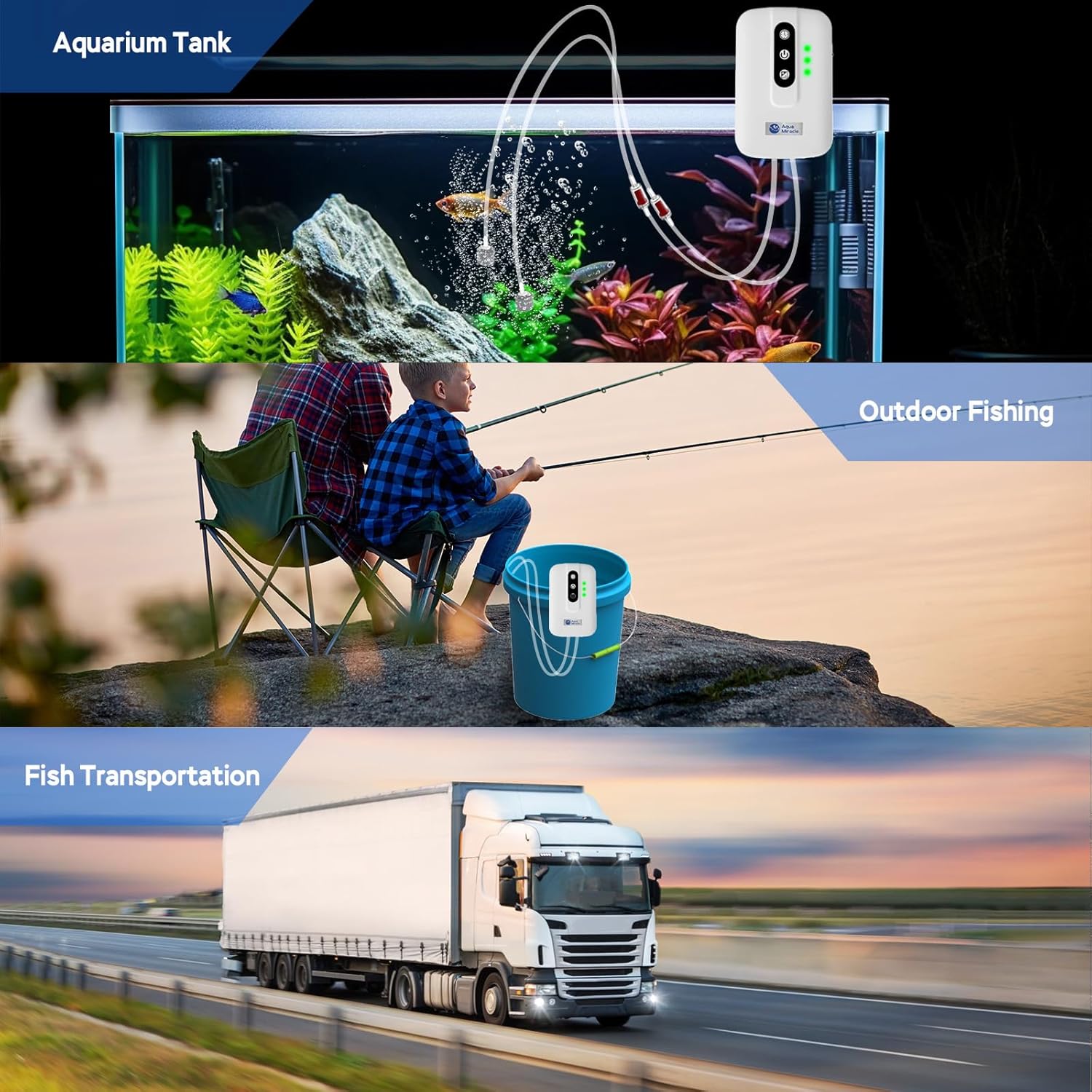 AquaMiracle Lithium Battery Powered Portable Aquarium Air Pump for Fish Tank, USB Rechargeable Aquarium Bubbler Aerator for Outdoor Fishing, Power Outages and Emergency